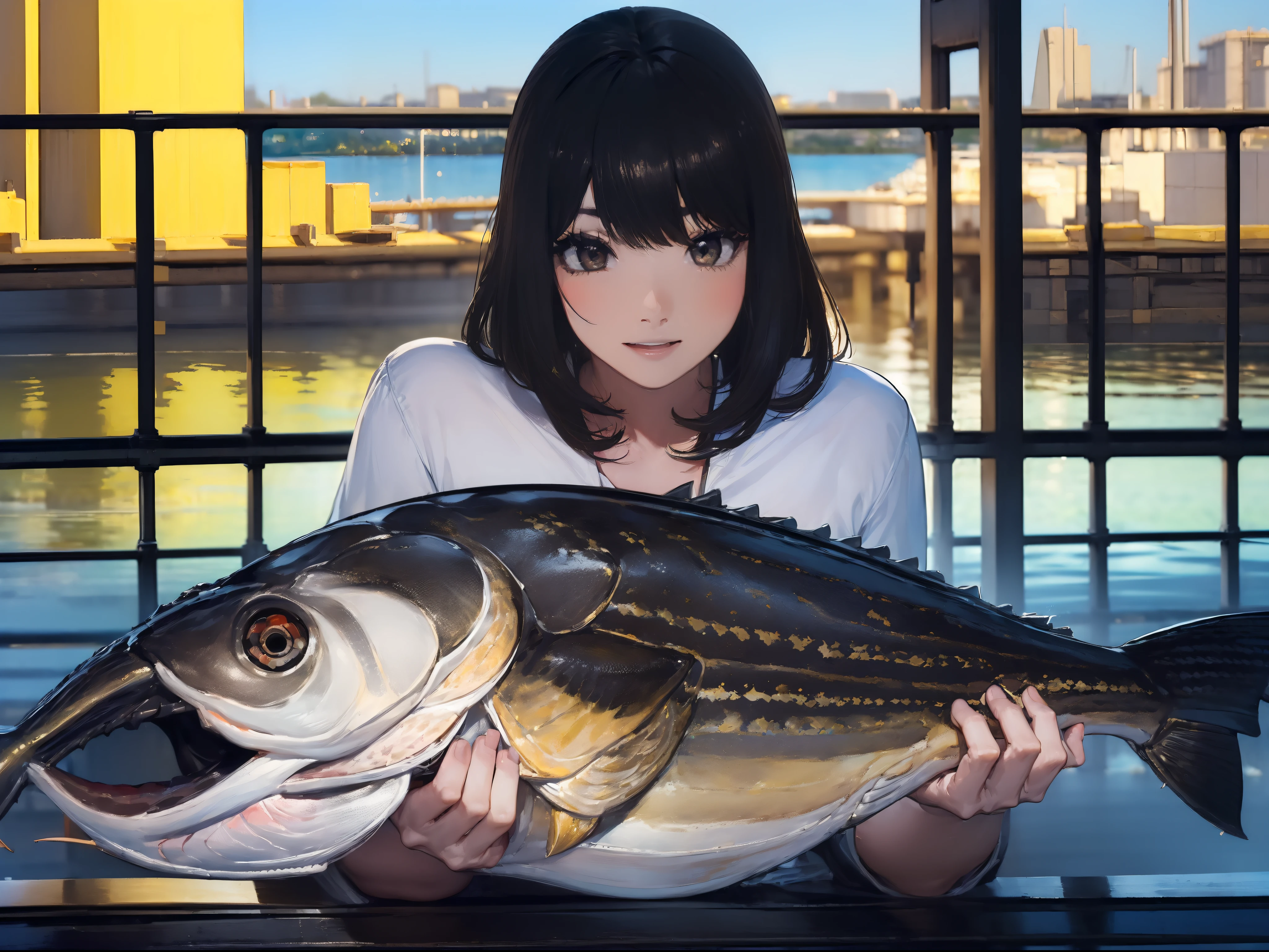 ((((Catch a big black bass by the lakeside:1.5)))),((1 Female 22 years old))((Best Quality, masterpiece :1.5)),(((Hands with the correct number and structure of fingers:1.4))),hight resolution,ultra-detailliert,​masterpiece,best qualtiy,,Black hair, long eyeslashes, Solid Circle Eyes, Smiling Woman, drop shadow, Atmospheric perspective,Super Detail, ccurate, small brest,(Black jacket :1.1),top-quality, blurry backround, bokeh dof:1.2, (​masterpiece:1.3),  Atmospheric perspective,Super Detail,dynamic compositions
