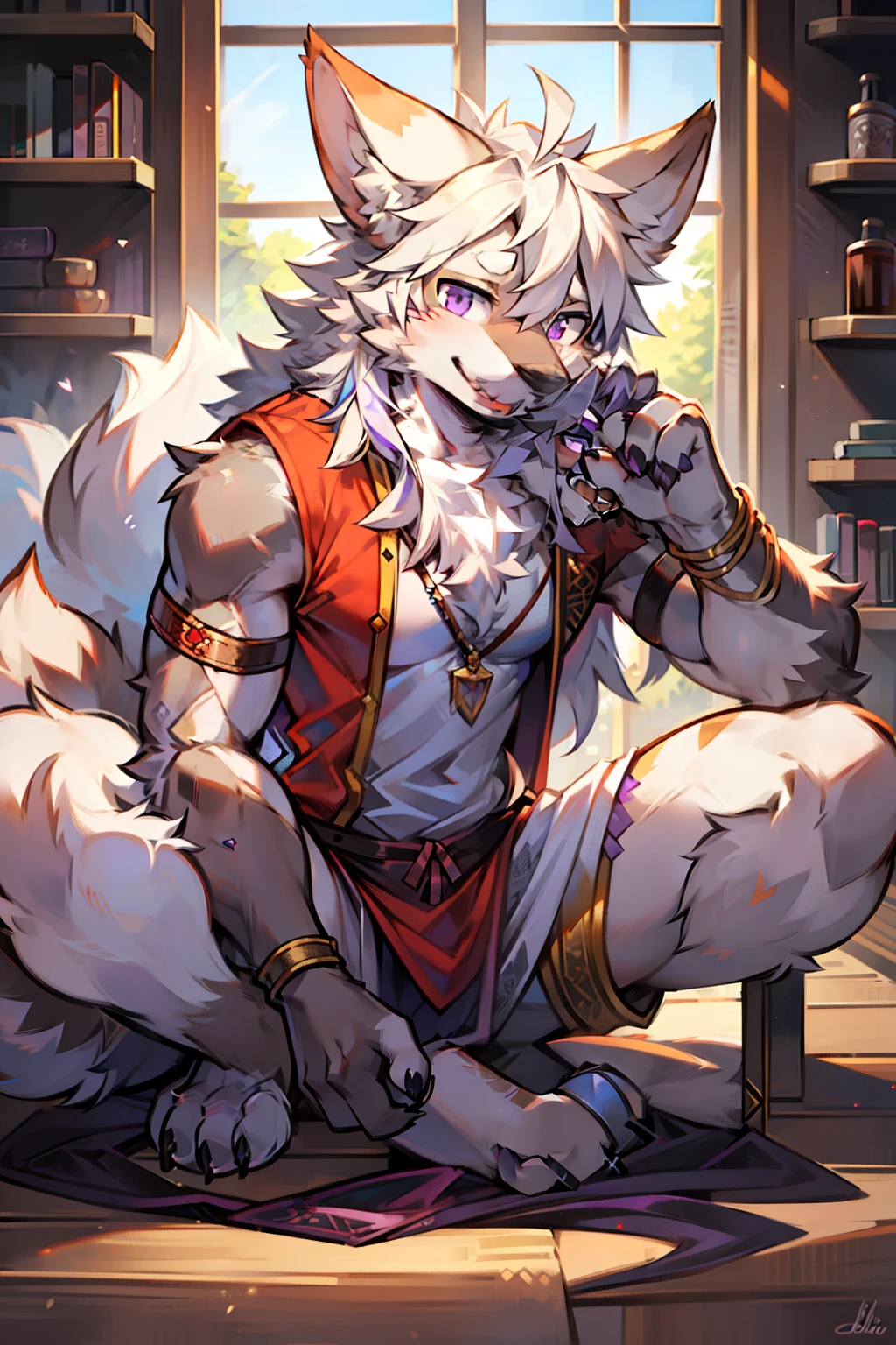 solo person,shaggy male,hairy bodies,shoun,coyote,canid,grey fur,Long white hair,The ends of the hair are purple,Purple eye,Bind your hands,Bullied,adolable,Handsome,large tail,full bodyesbian,Wear only one piece of cloth,Raise your legs,