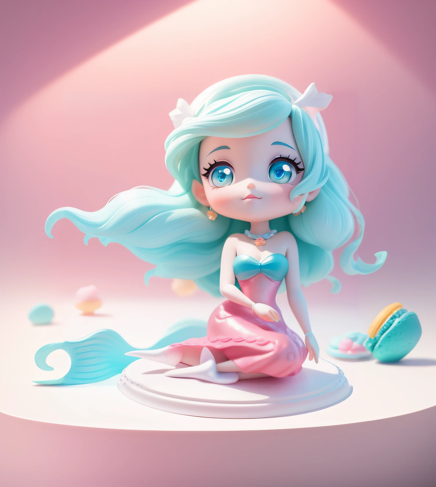 disney the little mermaid doll model toy figurine,white backgrounid,dreamy cute hair accessories, Popmart Blind Box, IP design, Chibi, macaron color,solid color backdrop, clean backdrop, resin, Exciting, 3D rendering , OC rendering, 8K, soft focus, fine Glossy Super detail ,