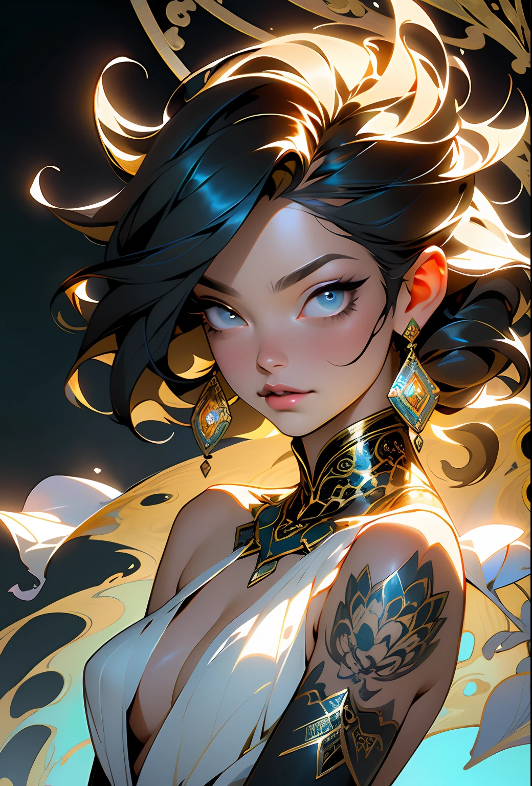 Create a beautiful tree, tree woman With the torso with a feminine silhouette. a perfect female body With green leaves. digital drawing, perfect face, glowing skin, 8k concept art portrait, dynamic, detailed lighting, fractal complex background, alcohol ink drawing. black background with paint splatters, by Hirohiko Araki, Official Art, Unity 8K Wallpaper, Masterpiece, Best Quality, (Zenredar, mandala, tangle, tangle), 1 beautiful platinum and black and gold Caucasian hair girl, Angle dynamic, The Most Beautiful Form of Chaos, elegant, bright colors, romanticism, By James Jean, Takato Yamamoto, Ashley Wood, ecstasy of music notes, transmission of visible music notes, Style Wtrcolor, blown by the wind, Masterpiece, ((watercolor )), paint splatters, intricate details. [drip: 0.7], Trending on Artstation, Rachel Walker, Style-Painting-1900, A beautiful nude woman completely covered in paint floating in a pool, beautiful lighting, beautiful large detailed eyes, Nirvana, relaxed, paint drips, Spirals of Paint, Paint Splatter, (Beautiful Swirls of Paint Swirls), by By Sandra Chevrier, vivid contrasting colors, chromatic aberration, black background, Best Quality, (realistic: 1.2), (high contrast: 1.2), black hair and gold and silver and bronze decoration, goddess of the forest, beautiful caucasian girl close-up, beautiful goddess fused with forest and trees, black hair fused with platinum and gold, girl naked skin wet with water, beautiful visible pubic area, pink pesons, Exposed small breasts, garden pond, mandala and flower tattoos on the naked body, floating antique clock, lamp, lantern, garden pond, visible beautiful pubic area, pink nipples, small breasts in the view, full body, Sakimichan art, oriental mandala tattoo, fractal background, silver and gold and bronze spirit, floating ancient clock, ancient lamp, faint smile, view from below, towering goddess, nude female body fused into forest vines and leaves of trees, roman column, ancient temple with garden and pond