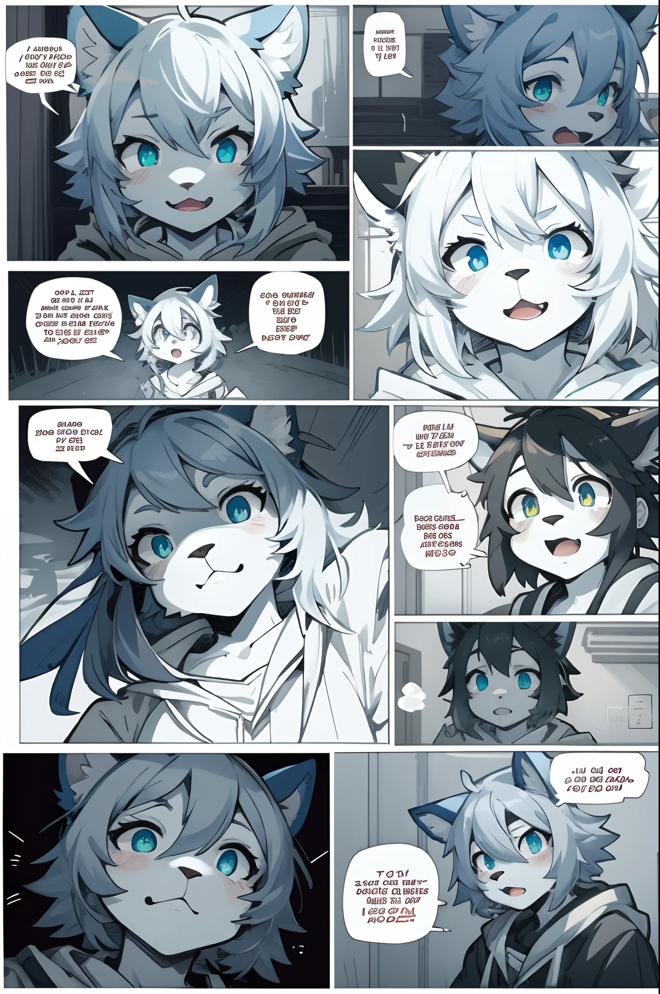 top quality, best quality, highres, masterpiece, super high resolution, detailed background, School, class, 6+boys, 6+girls, absurdres(highly detailed beautiful face and eyes)perfect anatomy, good lighting, cinematic shadow(kemono, furry anthro)assorted expressions, assorted poses, assorted angles(girls comic-like panel layouts, speech balloon, English text, Hand-drawn sound effects stickers used in girls comic),