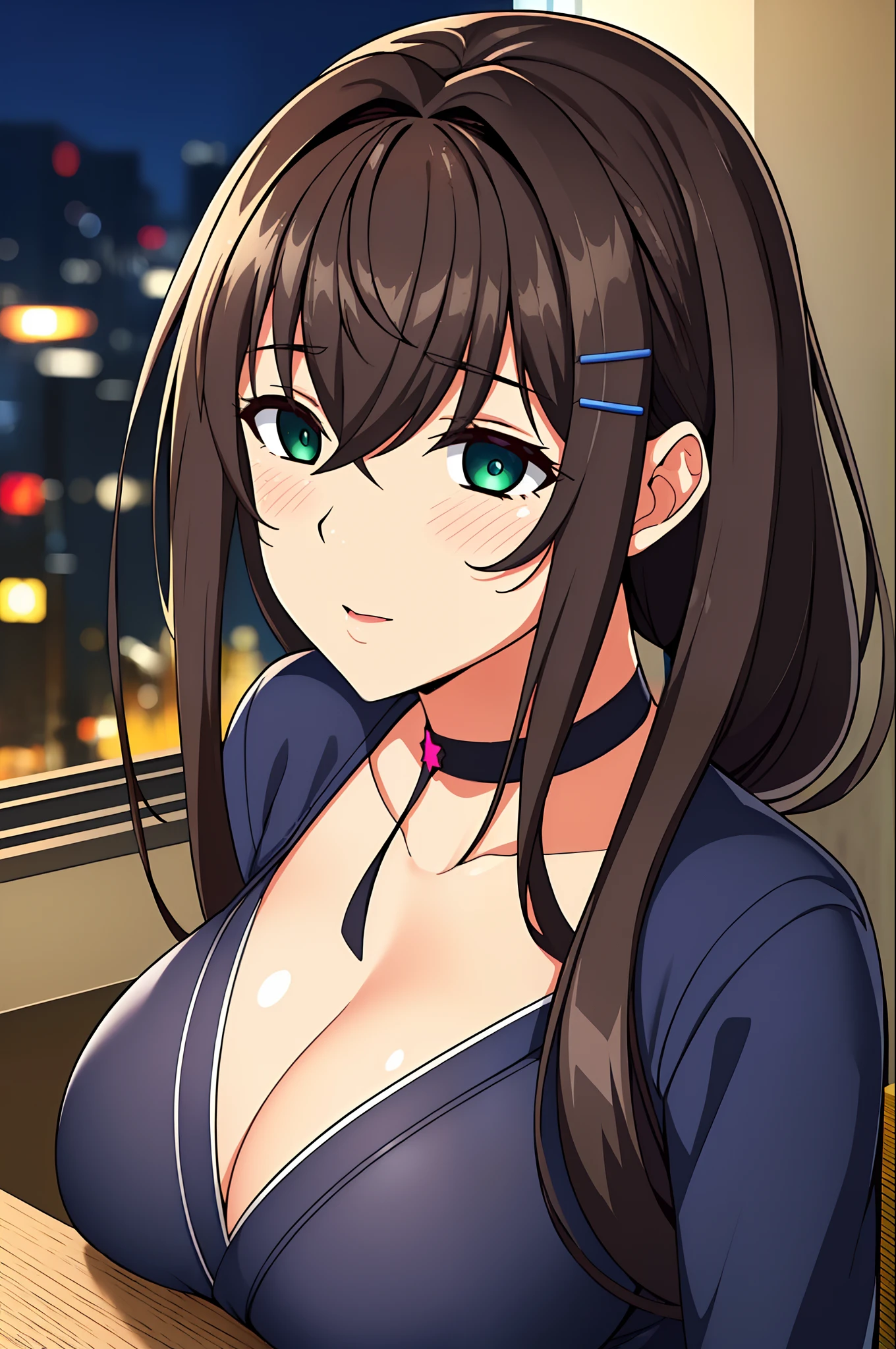 (Night:1.7), Japan, cyberpunk, CityView, Before Window,wooden floor,
Standing at attention,
Blue Jacket, Grey Shirt, collarbone, deep cleavage, Black choker,
jewelry,gem,bangs, Brown Hair, Green Eyes, Braid,long hair, low ponytail, a bow tie,hair ornament, hairclip,
1 girl, 20yo,Young female,Beautiful Finger,Beautiful long legs,Beautiful body,Beautiful Nose,Beautiful character design, perfect eyes, perfect face,expressive eyes,
looking at viewer, in the center of the image,(Upper_body),(Focus on her face),
official art,extremely detailed CG unity 8k wallpaper, perfect lighting,Colorful, Bright_Front_face_Lighting,shiny skin,
(masterpiece:1.0),(best_quality:1.0), ultra high res,4K,ultra-detailed,
photography, 8K, HDR, highres, absurdres:1.2, Kodak portra 400, film grain, blurry background, bokeh:1.2, lens flare, (vibrant_color:1.2)
(Beautiful,Breasts), (beautiful_face:1.5),(narrow_waist),