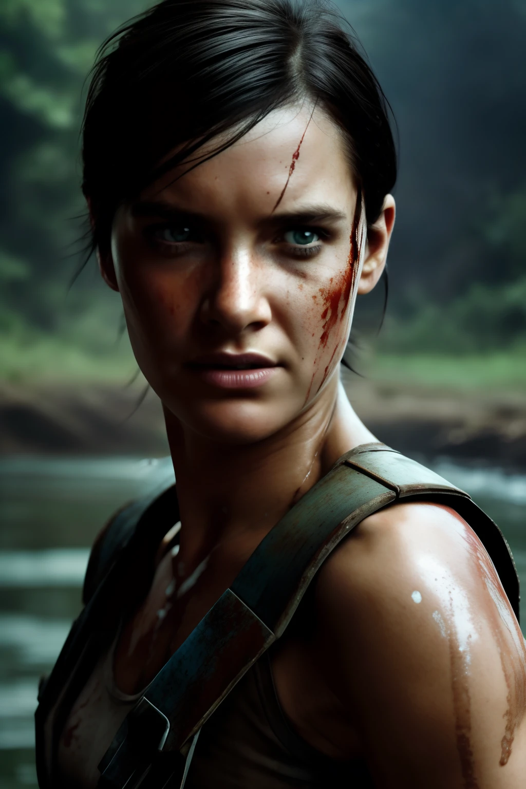 a photo action shot of Ellie and velociraptor blue hunting together, beautiful, sweaty, sweat glistening, science fiction movie, old scars, suspended movement, slow motion, visual flow, rough and tumble, dirt flying, pale, piercing eyes, (highly detailed:1.1), dramatic, hi-res, (film grain), high ISO, 35mm, gorgeous, outdoor lighting, perfect face, delicate features, bloody nose, rusty tattered and dented metal parts, wasteland, dramatic rim lighting (best quality:1.33), (masterpiece:1.42), (realistic:1.24), (detailed:1.15), wearing sexy lacy transparent cover-ups, short black hair, splashes of water, river, jungle, dynamic pose