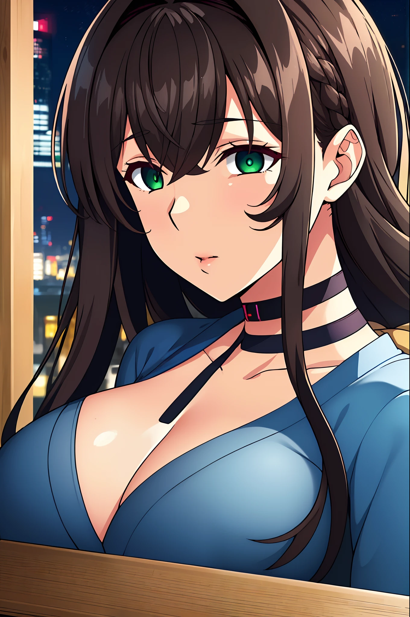 (Night:1.7), Japan, cyberpunk, CityView, Before Window,wooden floor,
Standing at attention,
Blue Jacket, Grey Shirt, collarbone, deep cleavage, Black choker,
jewelry,gem,bangs, Brown Hair, Green Eyes, Braid,long hair, low ponytail, a bow tie,hair ornament, hairclip,
1 girl, 20yo,Young female,Beautiful Finger,Beautiful long legs,Beautiful body,Beautiful Nose,Beautiful character design, perfect eyes, perfect face,expressive eyes,
looking at viewer, in the center of the image,(Upper_body),(Focus on her face),
official art,extremely detailed CG unity 8k wallpaper, perfect lighting,Colorful, Bright_Front_face_Lighting,shiny skin,
(masterpiece:1.0),(best_quality:1.0), ultra high res,4K,ultra-detailed,
photography, 8K, HDR, highres, absurdres:1.2, Kodak portra 400, film grain, blurry background, bokeh:1.2, lens flare, (vibrant_color:1.2)
(Beautiful,Breasts), (beautiful_face:1.5),(narrow_waist),