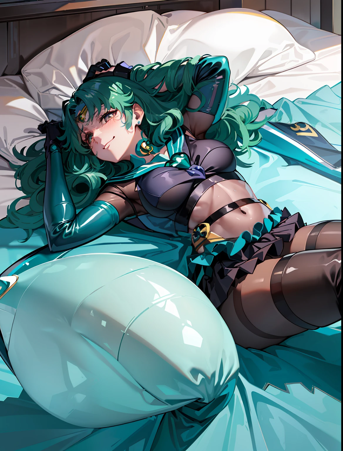 ((Sailor Neptune Fallen to Evil。female solo。Transparent brown body tights wrap around the whole body。Tights that cover the thighs:1.1))。babydoll。Black latex long gloves and boots。Aqua-colored hair。Wavy medium hair。Ecstasy expression。Smile。hands on crotch。Nipple less hearts。chastity belt。hightquality。on the bed。