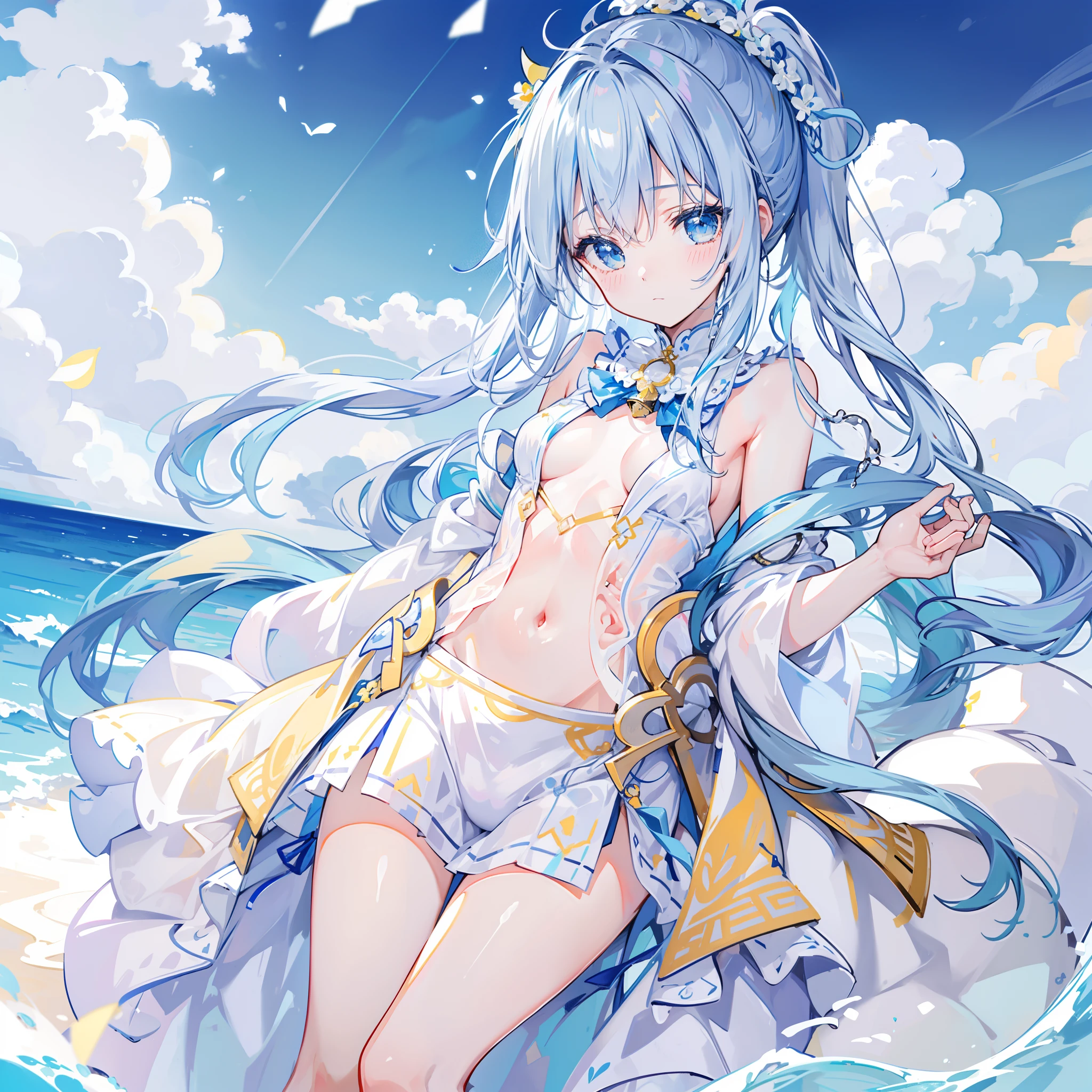 Against the background of the element of water，Light blue double ponytail hair，Yellow bells hang from his hair，Blue and white clothes with milk，Cute cute girl
