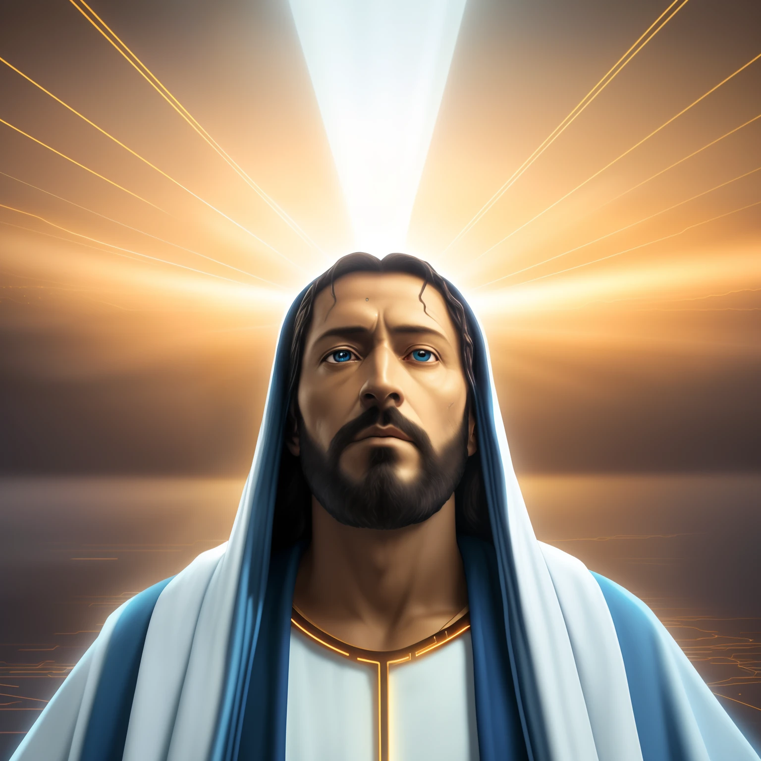 arafed image of a man with a blue robe and a gold chain, jesus christ, tron legacy jesus christ, portrait of jesus christ, jesus, jesus face, holy sacred light rays, glowing halo above his head, tron legacy jesus, jesus christ in mass effect, the lord and savior, jesus of nazareth, bright light masterpiece, holy rays of spiritual light