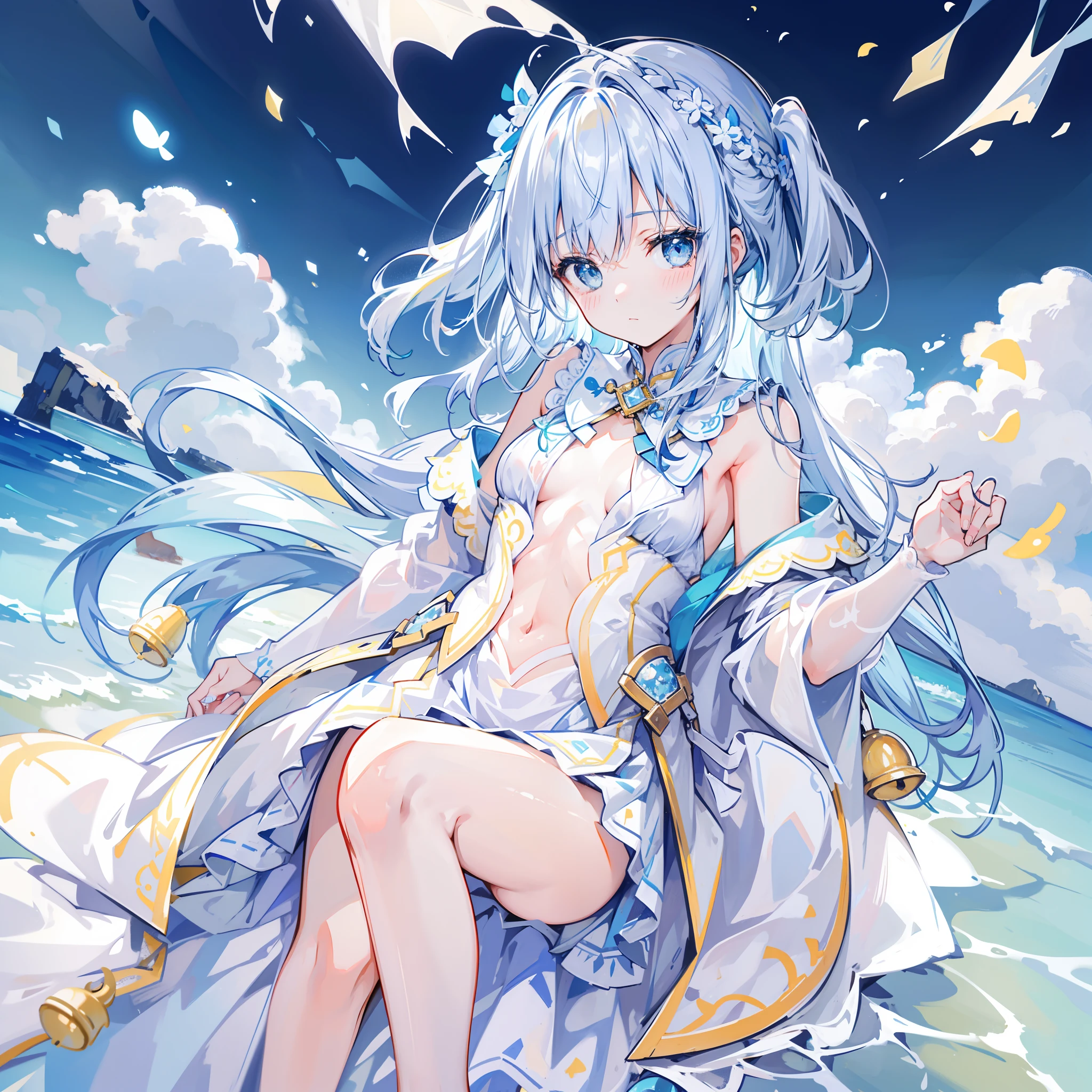 Against the background of the element of water,Light blue double ponytail hair,Yellow bells hang from his hair,Blue and white clothes with milk,Cute cute girl