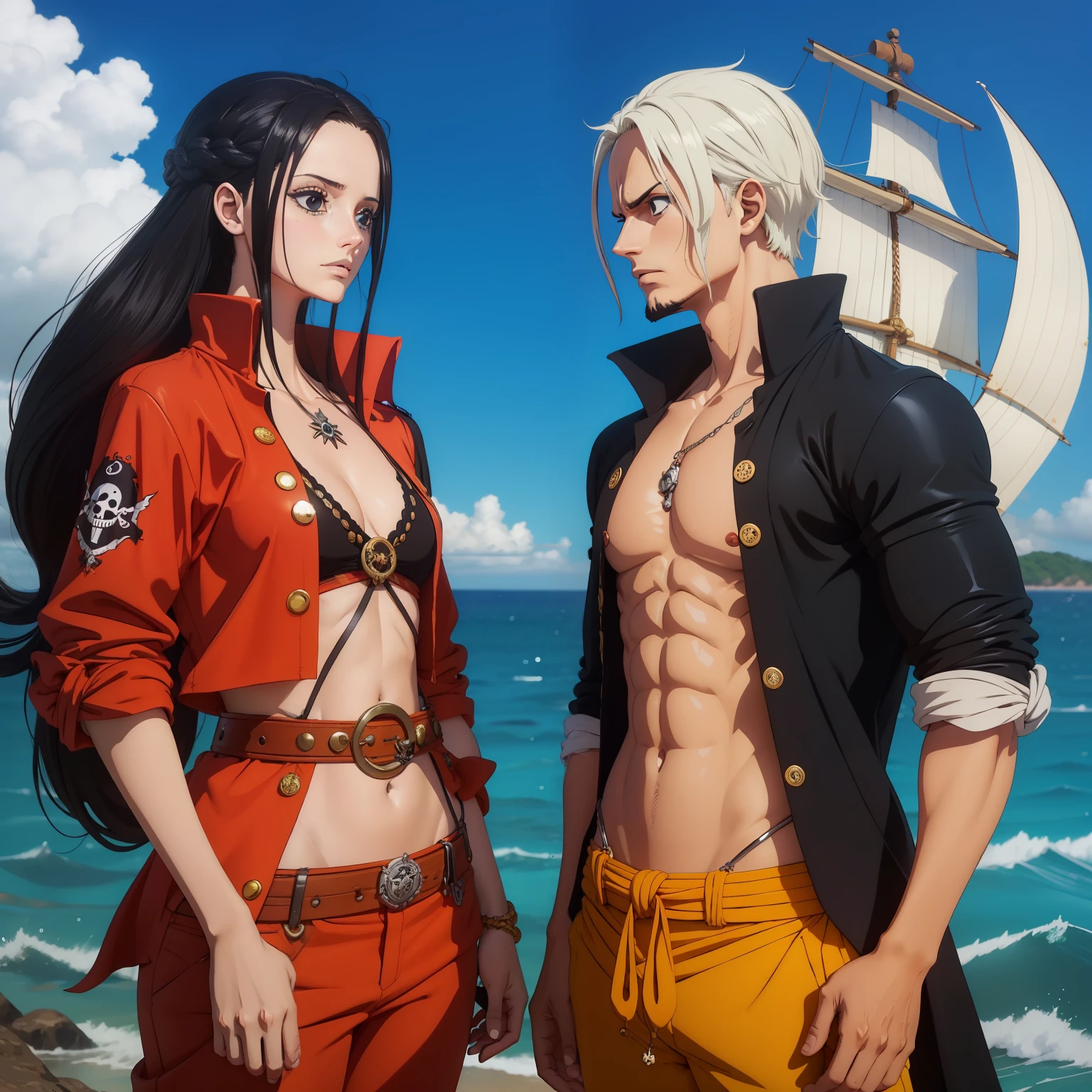 Arte do local, arte chave, melhor qualidade, obra prima, u detalhada, from one piece, Estilo One Piece, Arte do local, arte chave, melhor qualidade, em um navio, mulher de cabelos pretos, uma mulher de cabelos pretos, NAVIO, biblioteca, roupas pretas, perfect hands, duas pessoas, homem rei dos piratas estilo espadachim cabelo comprido preto, amantes apaixonados