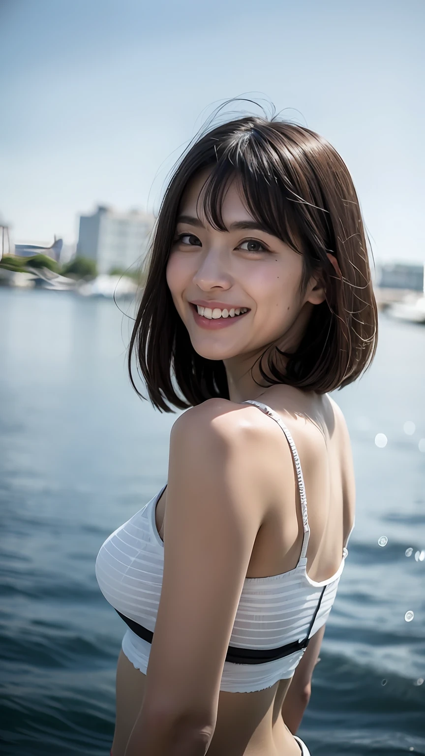 （best qualtiy，8K，32K，​masterpiece，The ultra -The high-definition：1.2）Beautiful 20 year old young Japan woman in the photo，Ultra HD photos，at sea, I'm wearing a white blouse off-the-shoulder.，Very short hairstyle, With a smile，Online Store Model，Japanese style，minimalistic background，8K resolution，