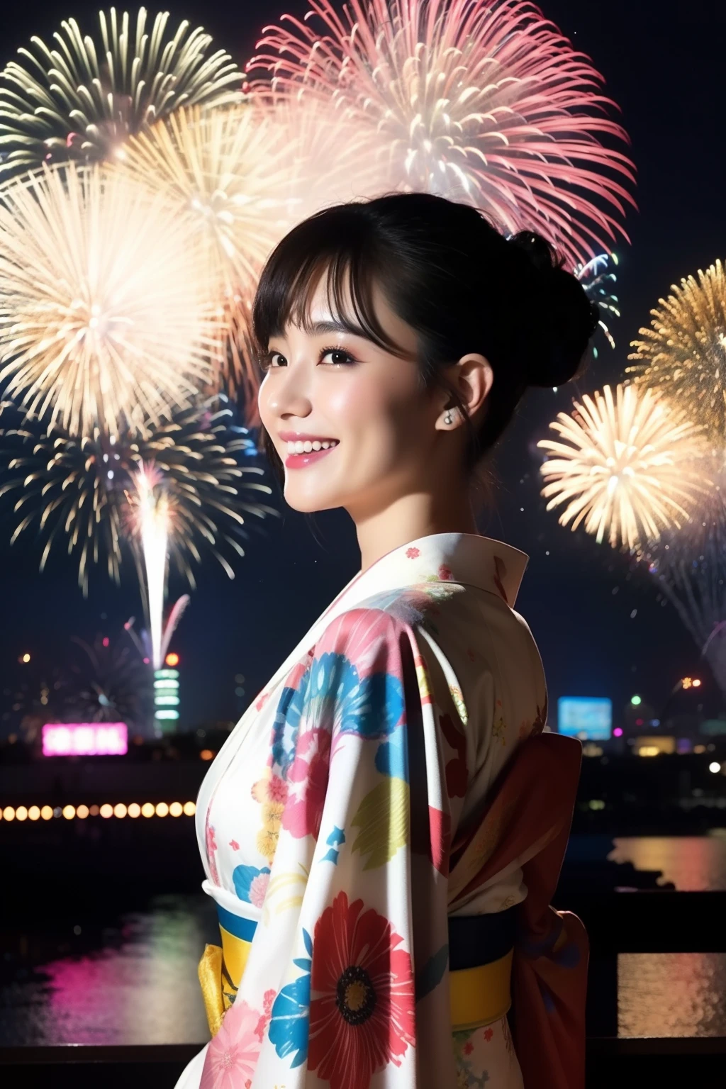 TOKYOcty,Background colorful fireworks,kimono,Watch the fireworks,Fanning from the bottom a little,Rear view,full bodyesbian,a beauty girl,a smile,Background Skytree