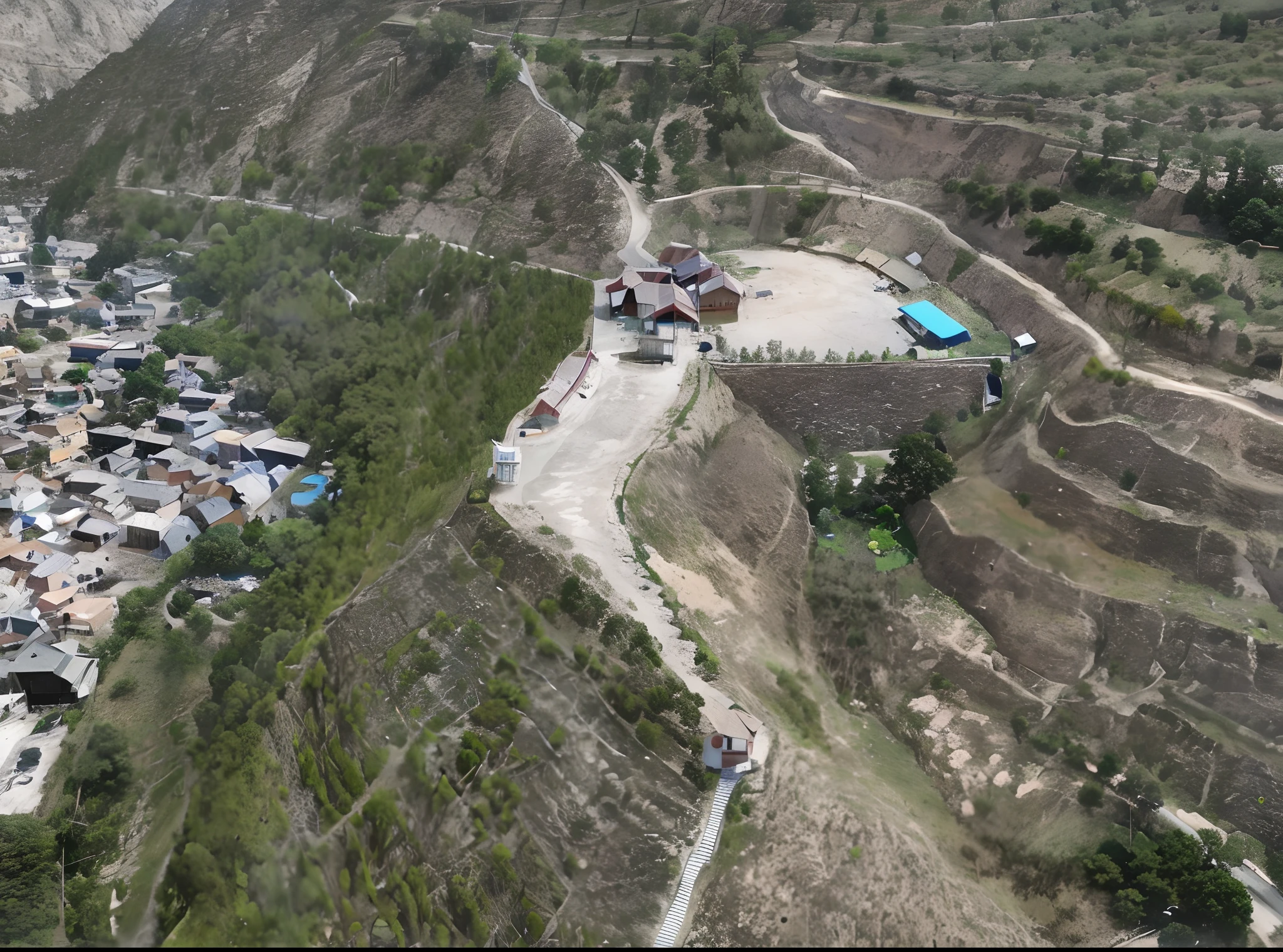 There is a small village by the hill, view from slightly above, aerial view of an ancient land, View from above, aerial view from above,  looking from above, photo from above，modern day, , zoom out view, top - view, viewed from bird's-eye