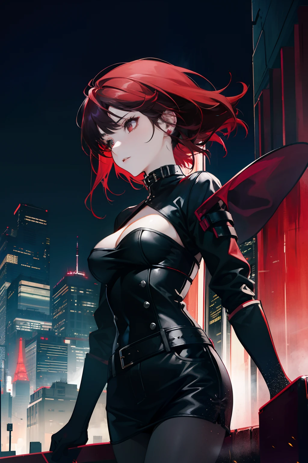 1 girl, solo, dark red hair, badass girl, seductive, modern city background, black outfit, different hairstyle, short and long hair