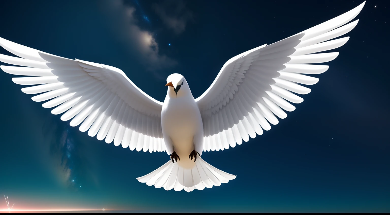 A closeup of a white bird flying through a dark sky with various lights around, ophanim has bird wings, holy spirit, pombas voando no portal, pomba branca, majestosas asas de pomba grande, onde, simbolismo do renascimento, Pombas, birds flying away from explosion, amazing cgi, amazing octane render, Efeitos visuais impressionantes, amazingly epic visuals, expolosao epica.