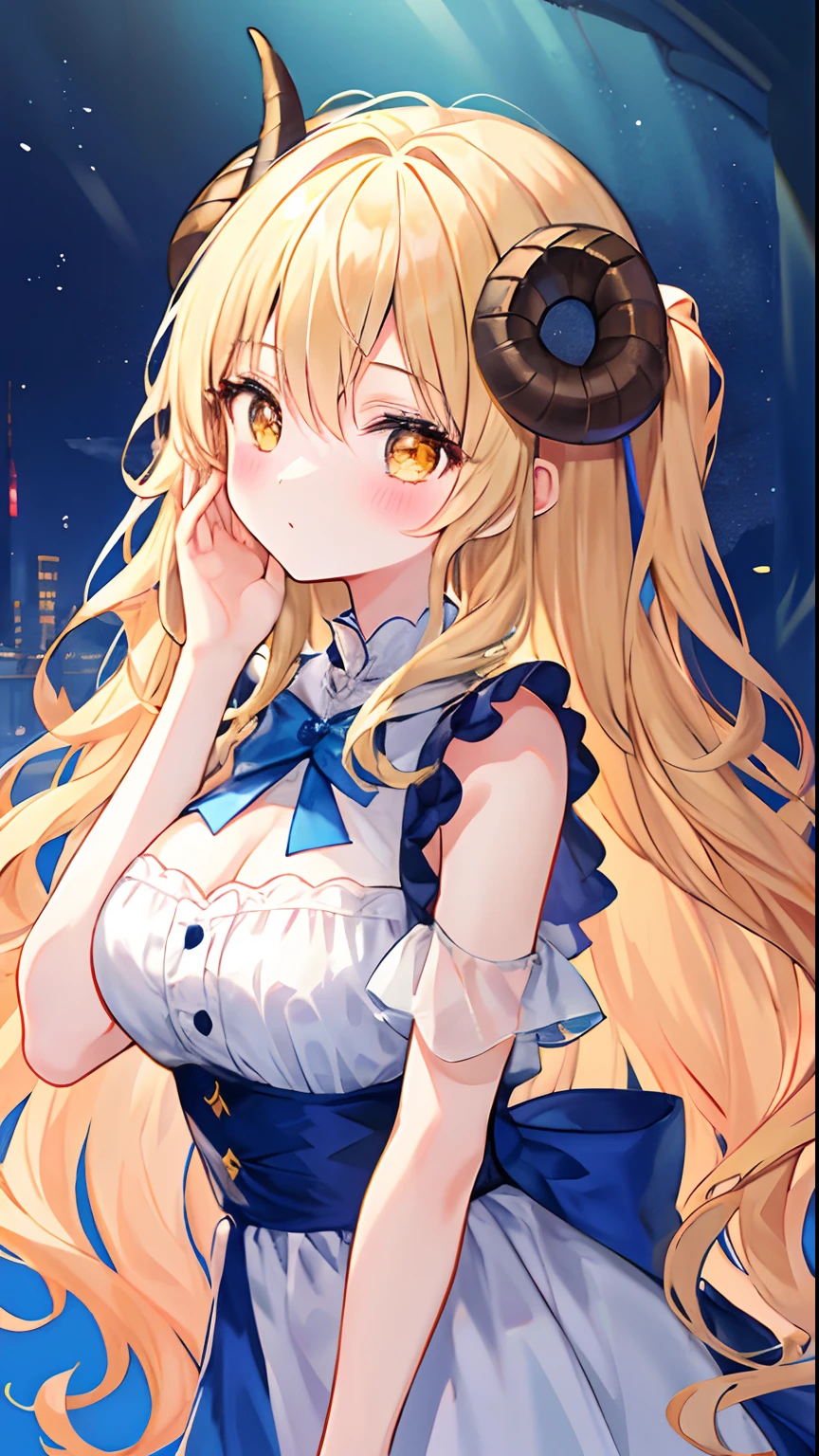 Beautiful illustration,cute female child,The upper part of the body,Be red in the face,astonishment,hand on own face,Wavy hair,无袖,From the side Side,nedium breasts,exteriors,blond hairbl,Golden eyes,Cute little lamb's horns,Masterpiece, Best quality, A high resolution, absurderes, ultradetailed, 1girll, Long hair, dual horsetail, solofocus, Brown hair, bow, bangs, hair between eye, Blue bow, Blush, :Tai, Very long hair, Breasts, Blonde hair