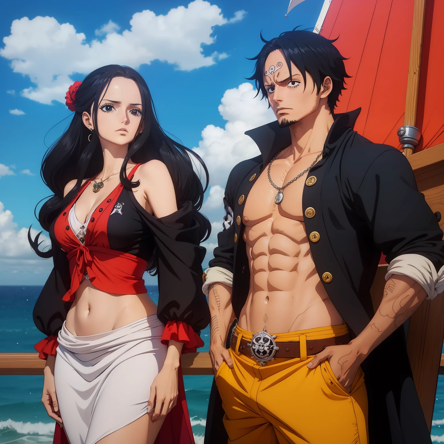 Arte do local, arte chave, melhor qualidade, obra prima, u detalhada, from one piece, Estilo One Piece, Arte do local, arte chave, melhor qualidade, em um navio, mulher de cabelos pretos, uma mulher de cabelos pretos, NAVIO, biblioteca, roupas pretas, perfect hands, duas pessoas, homem rei dos piratas estilo espadachim cabelo comprido preto, amantes apaixonados