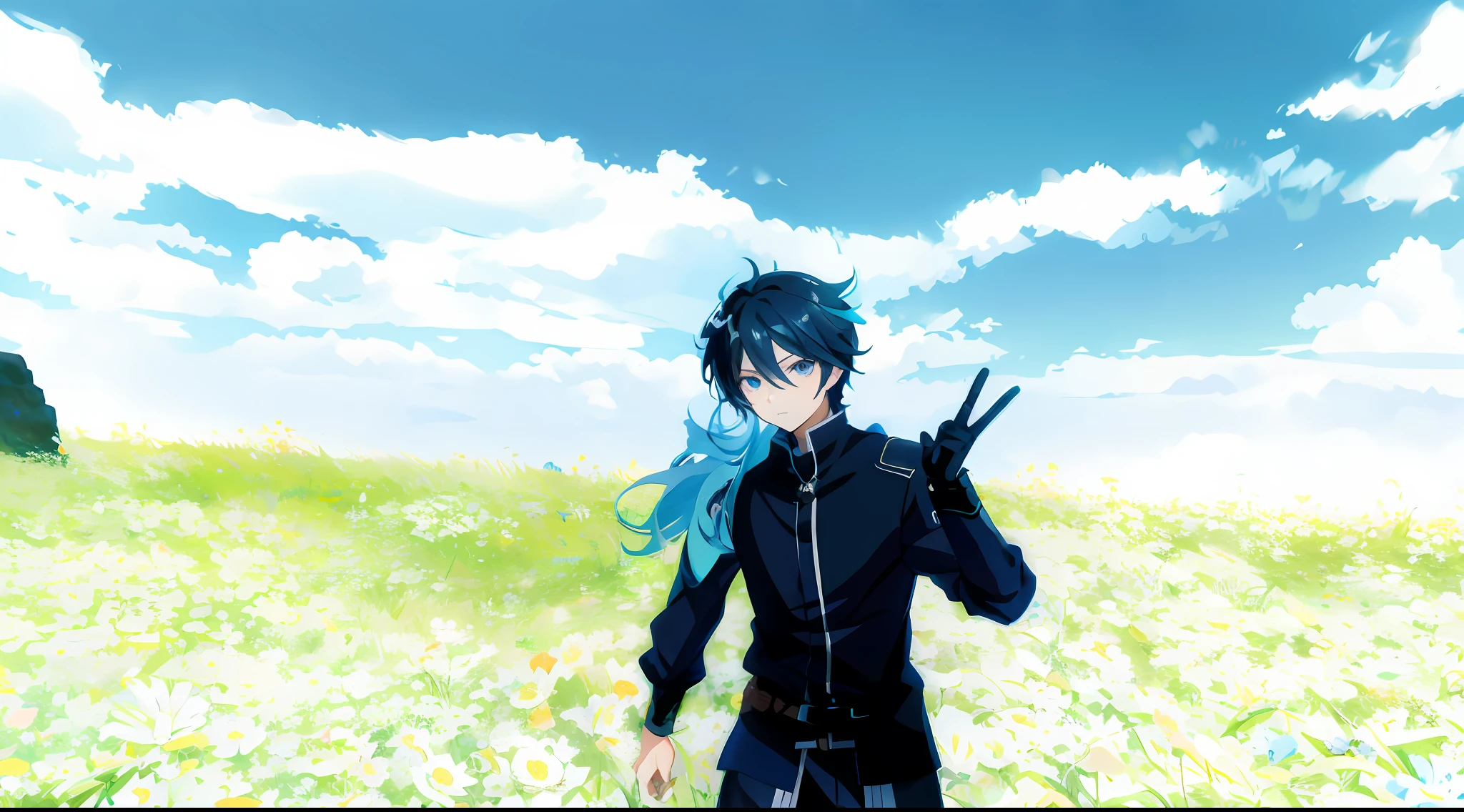 anime character in a field of flowers with a blue sky in the background, inspired by Okumura Masanobu, handsome anime pose, with index finger, 2 d anime style, kirito, trigger anime artstyle, badass anime 8 k, 2 d anime, tall anime guy with blue eyes, key anime art, okata kazuto, anime style 4 k