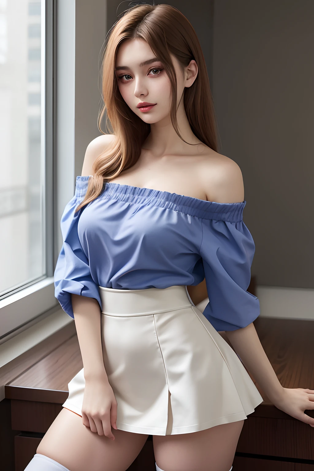 detailed background, masterpiece, best quality, 1 person , curly hair, long hair, purple eyes, star in eye , sharp red Strapless blouse, long  skirt, red color 
