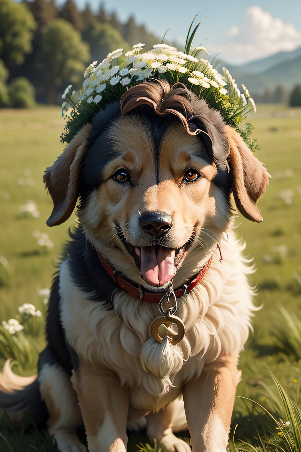 A shepherd dog was facing me，Sticking out his tongue，A small grass grew on the head