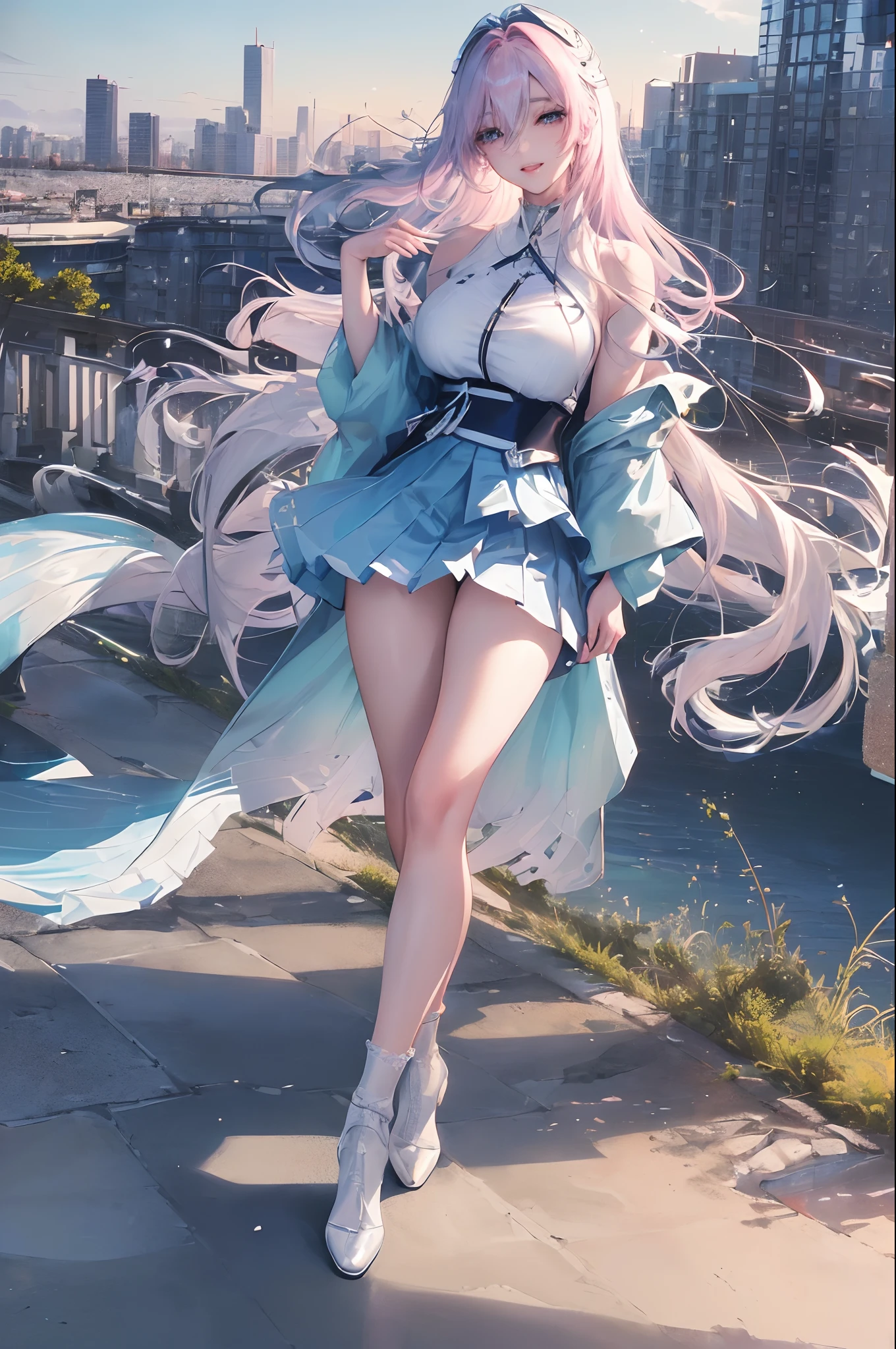 official art, masterpiece, sharp focus, (beautiful gorgeous cute Korean woman:1.3), (beautiful cute korean:1.3), korean beauty, Delicate and beautiful hair and eyes and face, realistic, ultra detailed, beautiful girl, blue sky, glow white particle, (sidelighting:1.2), sun light, white cloud, detailed clouds, slender, Lovely very large breasts and very large hips, smile with teeth, ((smile with eyes, open both eyes)), scenery, long straight hair, sexy facial expression, building, (cityscape:1.7), dynamic hair, long straight hair, detailed platinum pink hair, glow blue eyes, (blue pleated shirts + white skirt), white long socks, pale skin, hair ornament, epic scenery,