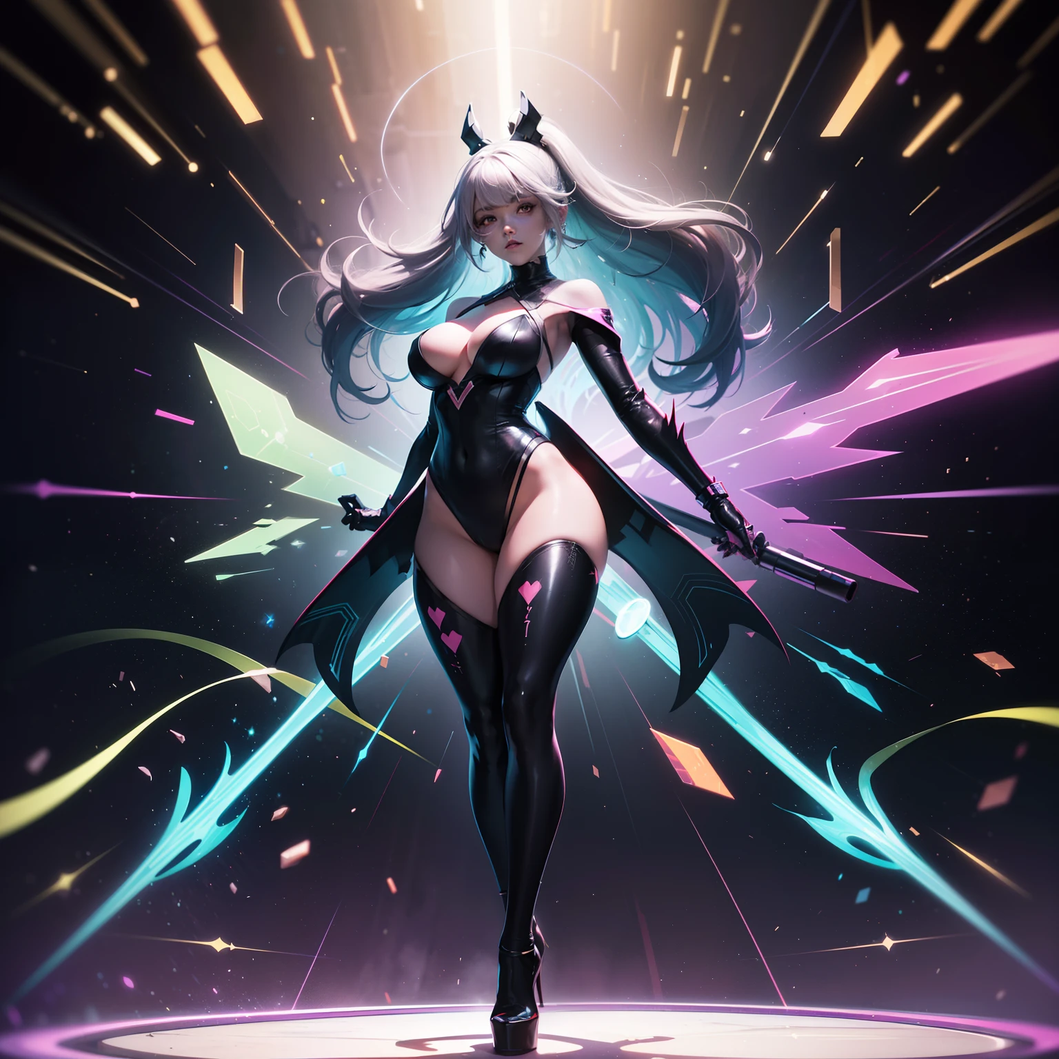 (full body:1.5),(1girl:1.3),(looking at viewer:1.4),(anatomy correct:1.3),(Wearing Printed Fantasy Pokemon tight and pointed high heels ,and Very thick Printed Pantyhose :1.35), (Light particle effect:1.3),(In pink | amarelo | blue colors| green color |red colors | white colors| black in color| purpleish color| greys| Beige| Flesh color 1.4),(Glowing eyes:1.3),(Large amplitude action: 1.3),(Accurate and perfect face:1.4),hyper HD, Ray traching, reflective light,structurally correct, Award-Awarded, high detal, lightand shade contrast, Face lighting,cinmatic lighting, tmasterpiece, super detailing, high high quality, high detal, best qualityer, 16k,high contrast,