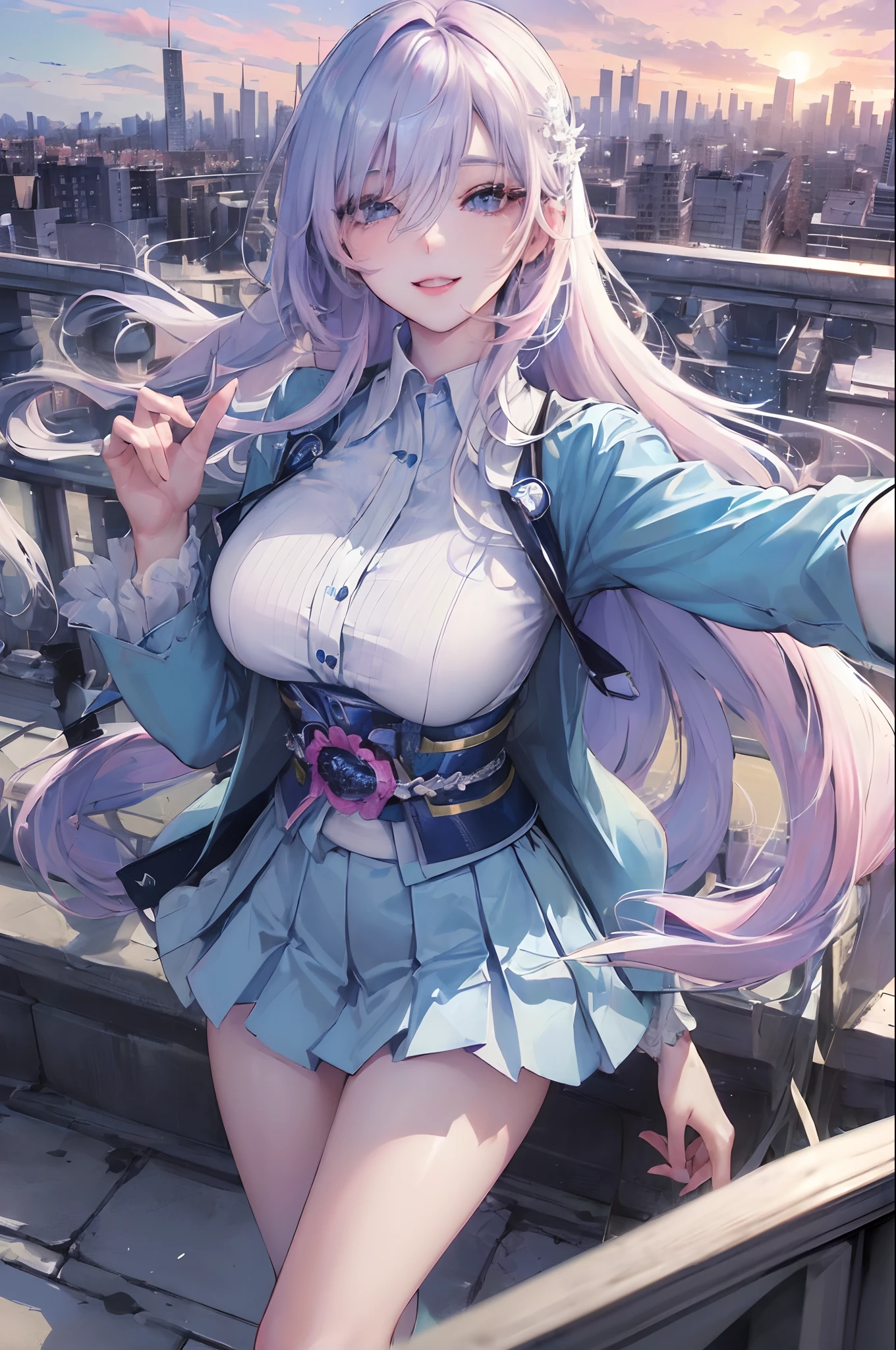 official art, masterpiece, sharp focus, (beautiful gorgeous cute Korean woman:1.3), (beautiful cute korean:1.3), korean beauty, Delicate and beautiful hair and eyes and face, realistic, ultra detailed, beautiful girl, blue sky, glow white particle, (sidelighting:1.2), sun light, white cloud, detailed clouds, slender, Lovely very large breasts and very large hips, smile with teeth, ((smile with eyes, open both eyes)), scenery, long straight hair, sexy facial expression, building, (cityscape:1.7), dynamic hair, long straight hair, detailed platinum pink hair, glow blue eyes, (blue pleated shirts + white skirt), white long socks, pale skin, hair ornament, epic scenery,