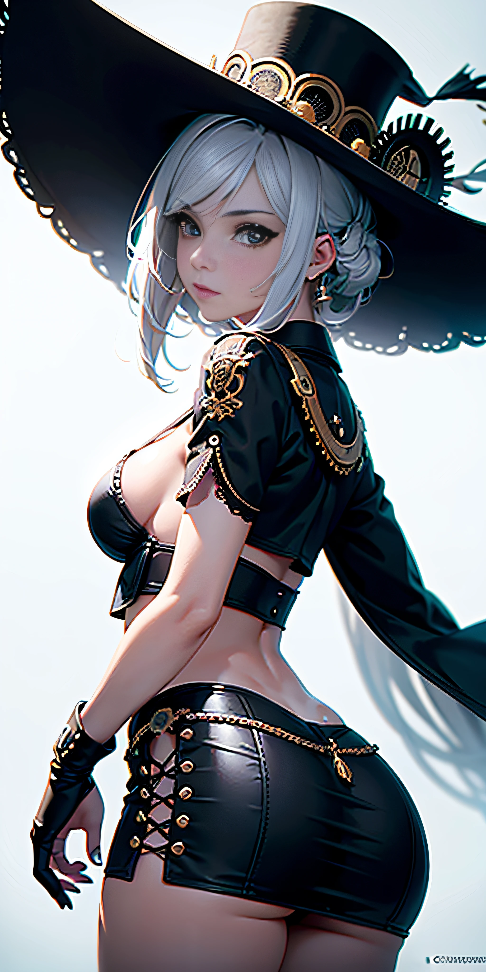 22year old, sombrero victoriano copa Steampunk blanco, natural side lighting, contraste blanco y negro, CANON EOS camera, lente profesional 50mm.