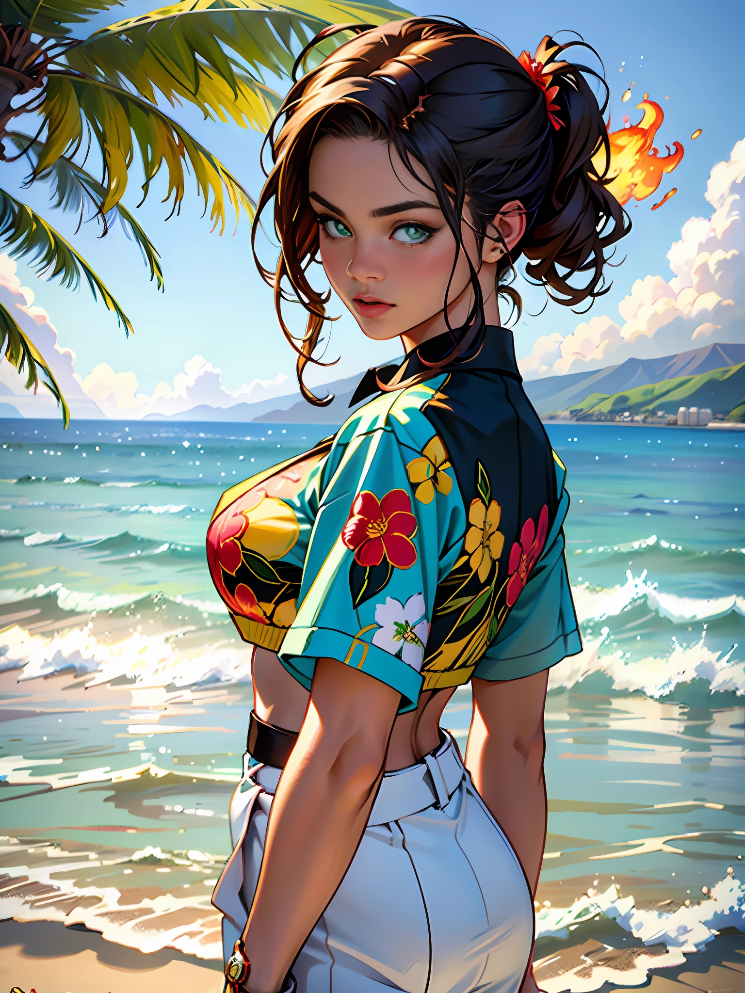 1 girl looking at Hawaii Lahaina burning fire in the back, beautiful face, green eyes, 1 girl painting from the water view, style by Jaime Frias, Best quality, realistic, award-winning illustration in color, (complicated detail: 1.2), (fine detail)