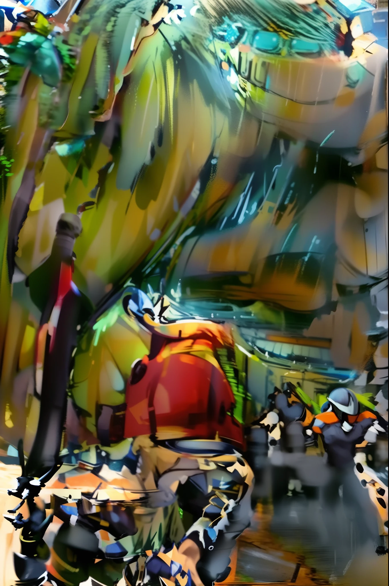 Change background, wear a helmet, cartoon photo, ultra hd