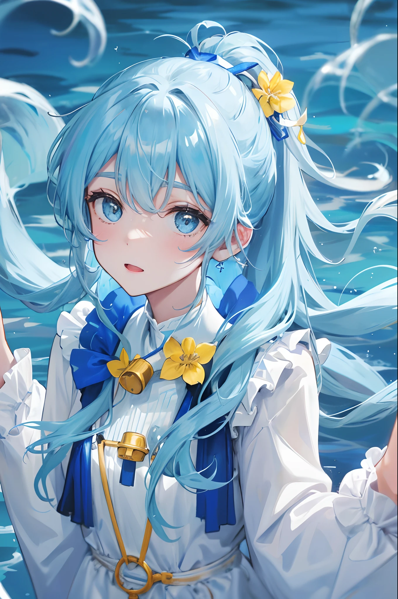Against the background of the element of water,Light blue double ponytail hair,Yellow bells hang from his hair,Blue and white clothes with milk,Cute cute girl