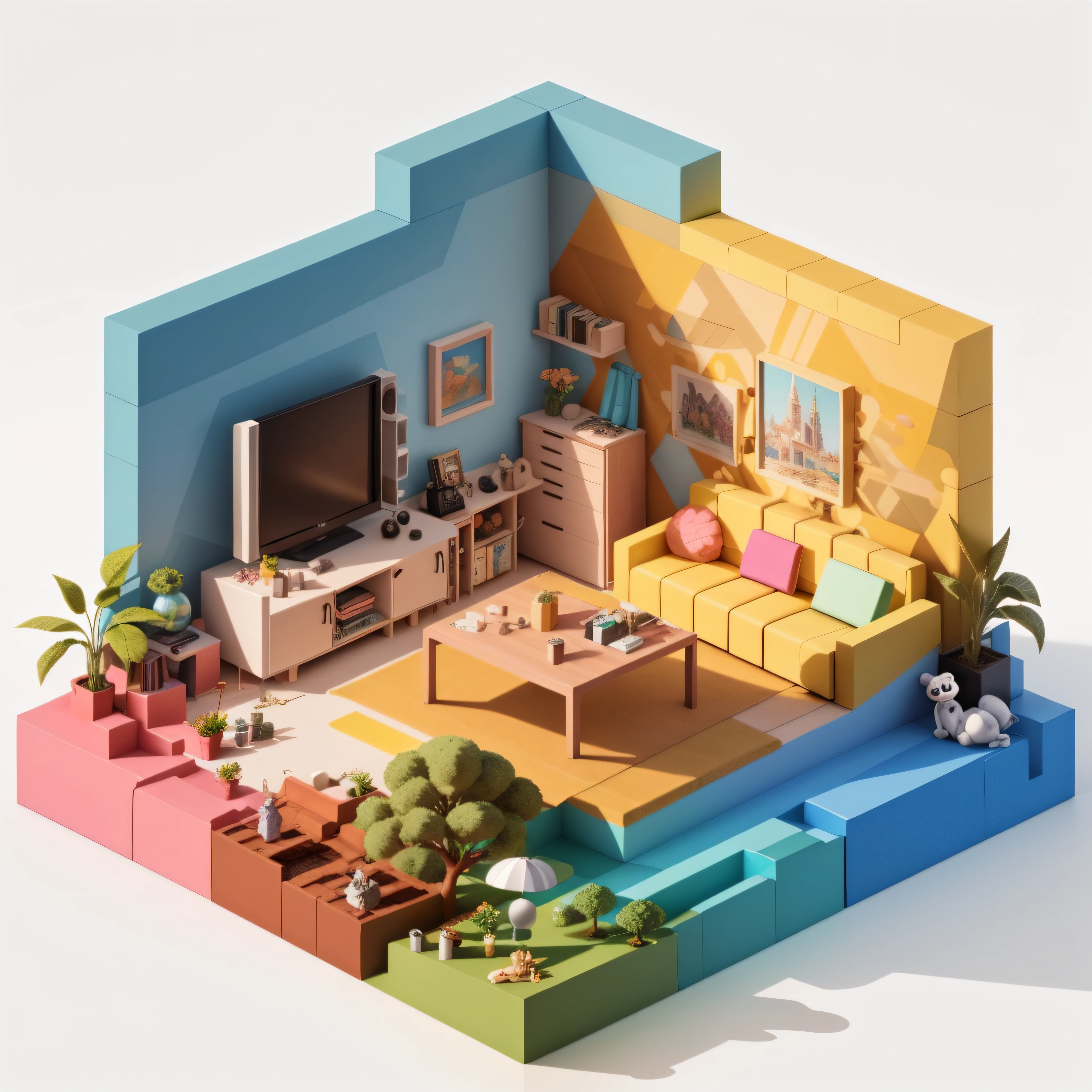 (Isometric perspective:1.5),(Pixar style:1.2), Room, bed, sofa,(small bonsai:0.8),desk lamp, TV, mural, 3D,Disney,Panoramic photo,White background, solid background,Global illumination, raytracing, modeling,HDR,octane render,unreal render,behance,dribbble,artstation,best quality, 8k,