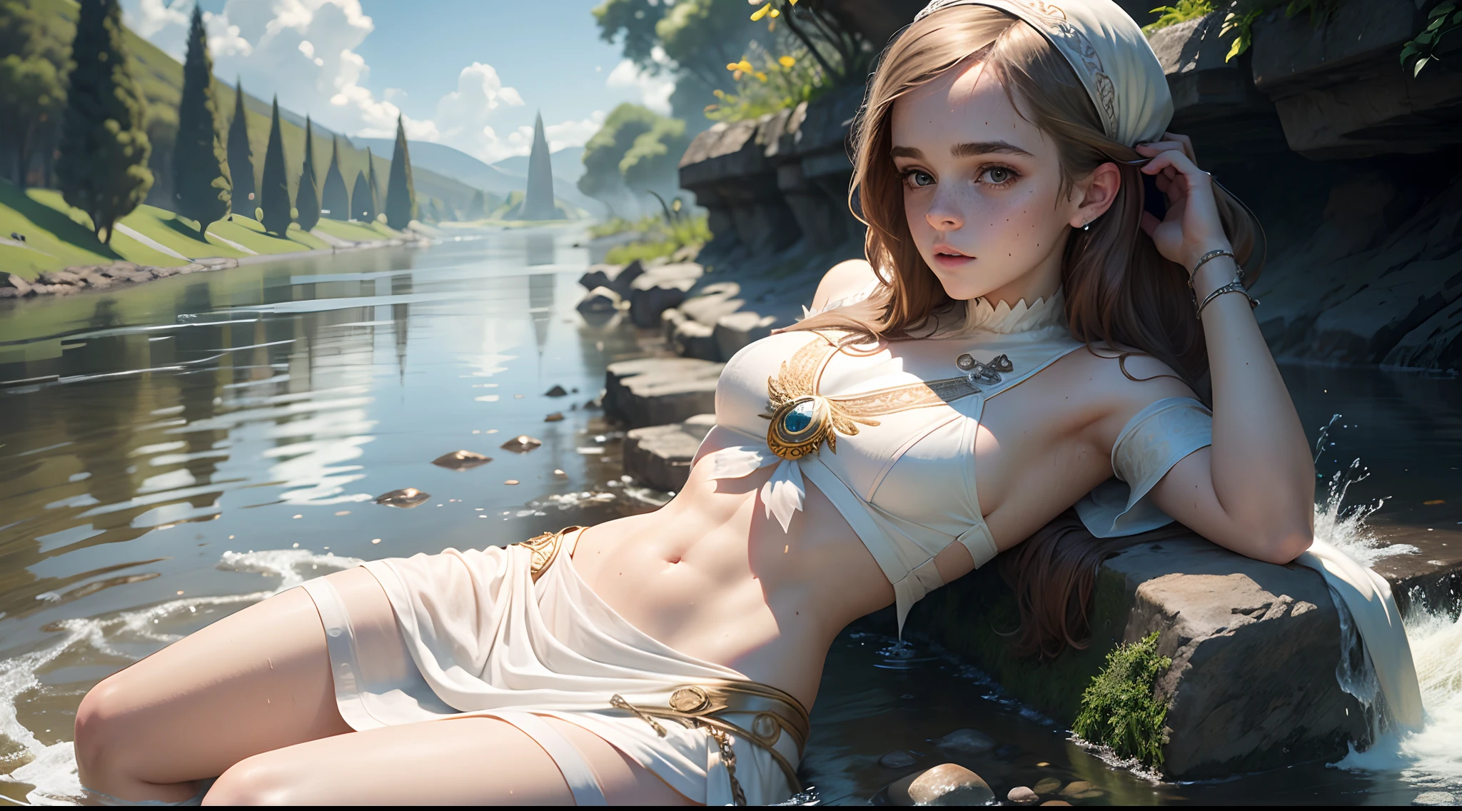 Teen Emma Watson as a white priestess girl. Freckles. intricate dress. wet crop top. Background river.