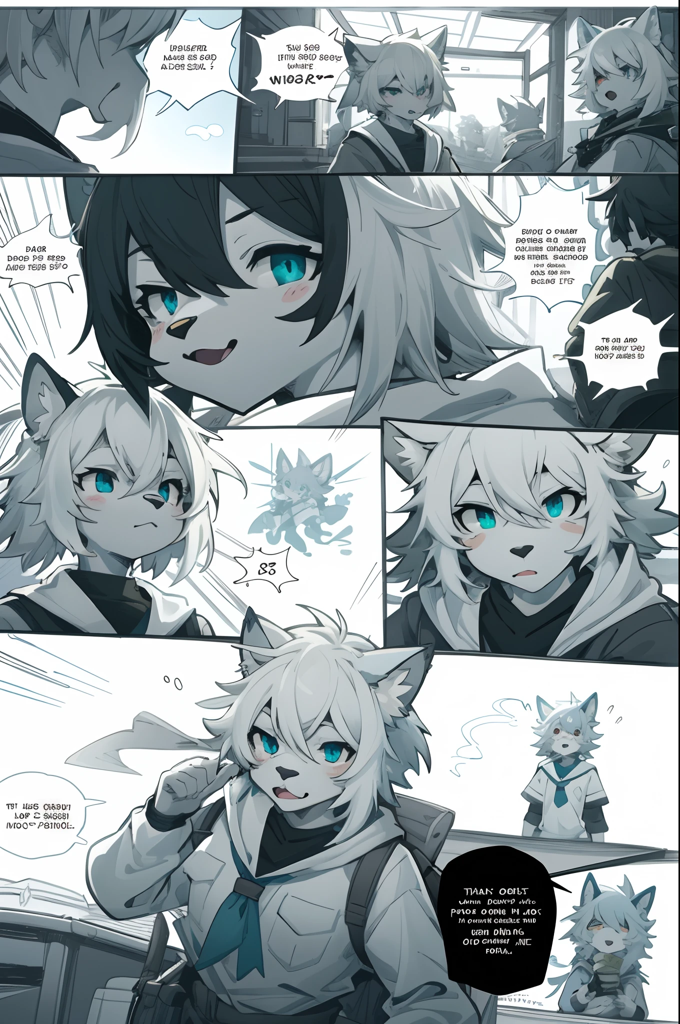 top quality, best quality, highres, masterpiece, super high resolution, detailed background, School, class, 6+boys, 6+girls, absurdres(highly detailed beautiful face and eyes)perfect anatomy, good lighting, cinematic shadow(kemono, furry anthro)assorted expressions, assorted poses, assorted angles, full body, upper shot, dynamic angle,(girls comic-like panel layouts, speech balloon, English text, Hand-drawn sound effects stickers used in girls comic),