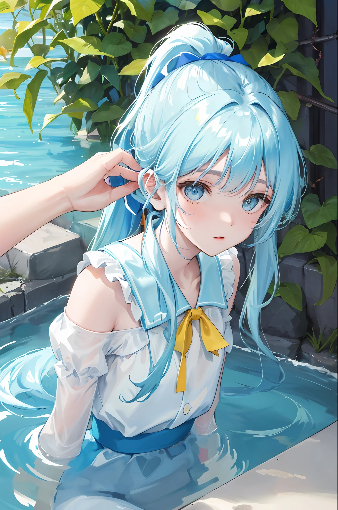 Against the background of the element of water,Light blue double ponytail hair,Yellow bells hang from his hair,Blue and white clothes with milk,Cute cute girl