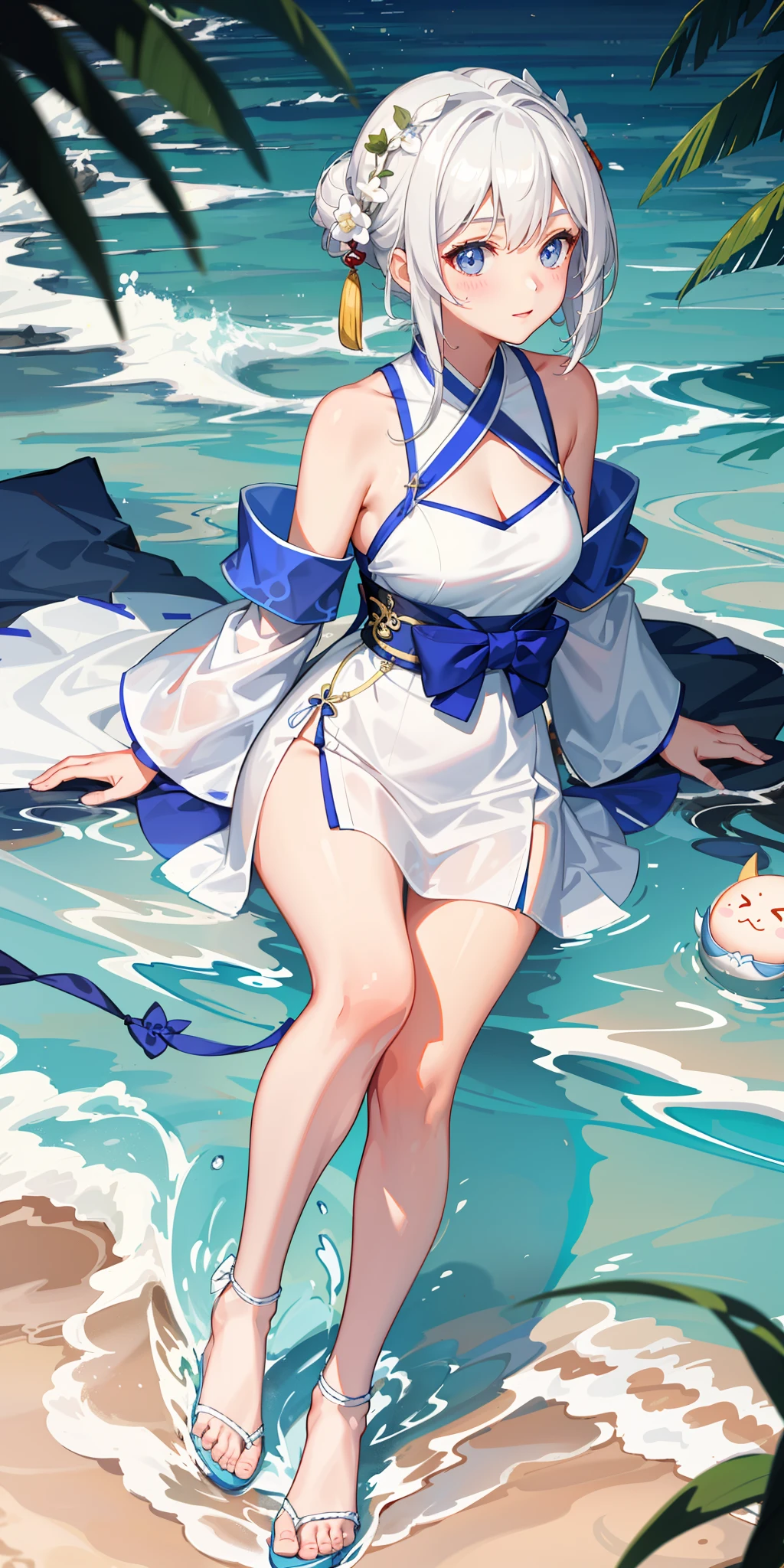 1girl, (hanfu), with light glowing, sidelighting, Wallpapers, seaside bikini pure girl blush There are many beautiful women in swimsuits in the background, girls with short white hair, beautiful hairstyle