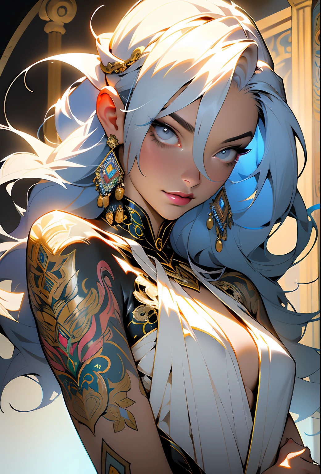 Create a beautiful tree, tree woman With the torso with a feminine silhouette. a perfect female body With green leaves. digital drawing, perfect face, glowing skin, 8k concept art portrait, dynamic, detailed lighting, fractal complex background, alcohol ink drawing. black background with paint splatters, by Hirohiko Araki, Official Art, Unity 8K Wallpaper, Masterpiece, Best Quality, (Zenredar, mandala, tangle, tangle), 1 beautiful platinum and black and gold Caucasian hair girl, Angle dynamic, The Most Beautiful Form of Chaos, elegant, bright colors, romanticism, By James Jean, Takato Yamamoto, Ashley Wood, ecstasy of music notes, transmission of visible music notes, Style Wtrcolor, blown by the wind, Masterpiece, ((watercolor )), paint splatters, intricate details. [drip: 0.7], Trending on Artstation, Rachel Walker, Style-Painting-1900, A beautiful nude woman completely covered in paint floating in a pool, beautiful lighting, beautiful large detailed eyes, Nirvana, relaxed, paint drips, Spirals of Paint, Paint Splatter, (Beautiful Swirls of Paint Swirls), by By Sandra Chevrier, vivid contrasting colors, chromatic aberration, black background, Best Quality, (realistic: 1.2), (high contrast: 1.2), black hair and gold and silver and bronze decoration, goddess of the forest, beautiful caucasian girl close-up, beautiful goddess fused with forest and trees, black hair fused with platinum and gold, girl naked skin wet with water, beautiful visible pubic area, pink pesons, Exposed small breasts, garden pond, mandala and flower tattoos on the naked body, floating antique clock, lamp, lantern, garden pond, visible beautiful pubic area, pink nipples, small breasts in the view, full body, Sakimichan art, oriental mandala tattoo, fractal background, silver and gold and bronze spirit, floating ancient clock, ancient lamp, faint smile, view from below, towering goddess, nude female body fused into forest vines and leaves of trees, roman column, ancient temple with garden and pond