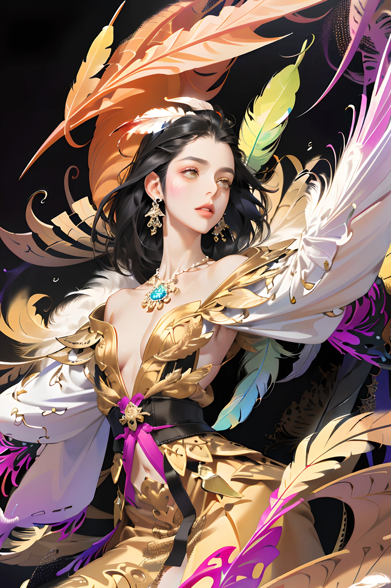 (absurdres, highres, ultra detailed), 1girl, solo, black hair, extremely detailed eyes, (official art, beautiful and aesthetic:1.2), (fractal art:1.3), colorful, highest detailed, (zentangle:1.2), (dynamic pose), (abstract background:1.3), (shiny skin), (many colors:1.4), ,(earrings:1.4), (feathers:1.4)