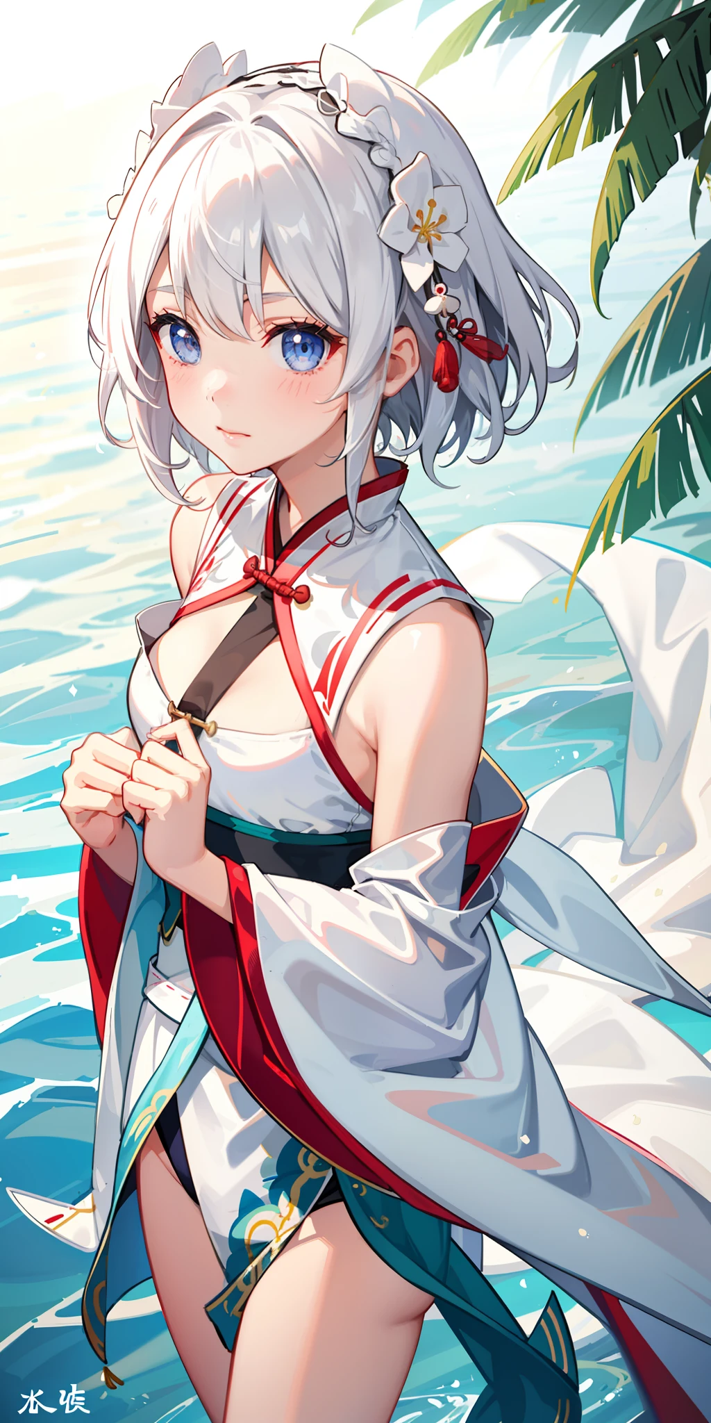 1girl, (hanfu), with light glowing, sidelighting, Wallpapers, seaside bikini pure girl blush There are many beautiful women in swimsuits in the background, girls with short white hair, beautiful hairstyle