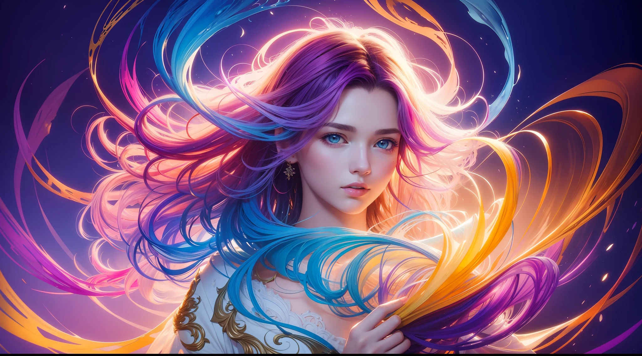 Colorful beautiful girl: messy hair, oil painting, nice perfect face with soft skinice perfect face, blue yellow colors, light purple and violet additions, light red additions, intricate detail, splash screen, 8k resolution, masterpiece, cute face,artstation digital painting smooth veryBlack ink flow: 8k resolution photorealistic masterpiece: intricately detailed fluid gouache painting: by Jean Baptiste Mongue: calligraphy: acrylic: watercolor art, professional photography, natural lighting, volumetric lighting maximalist photoillustration: by marton bobzert:, complex, elegant, expansive, fantastical, wavy hair, vibrant