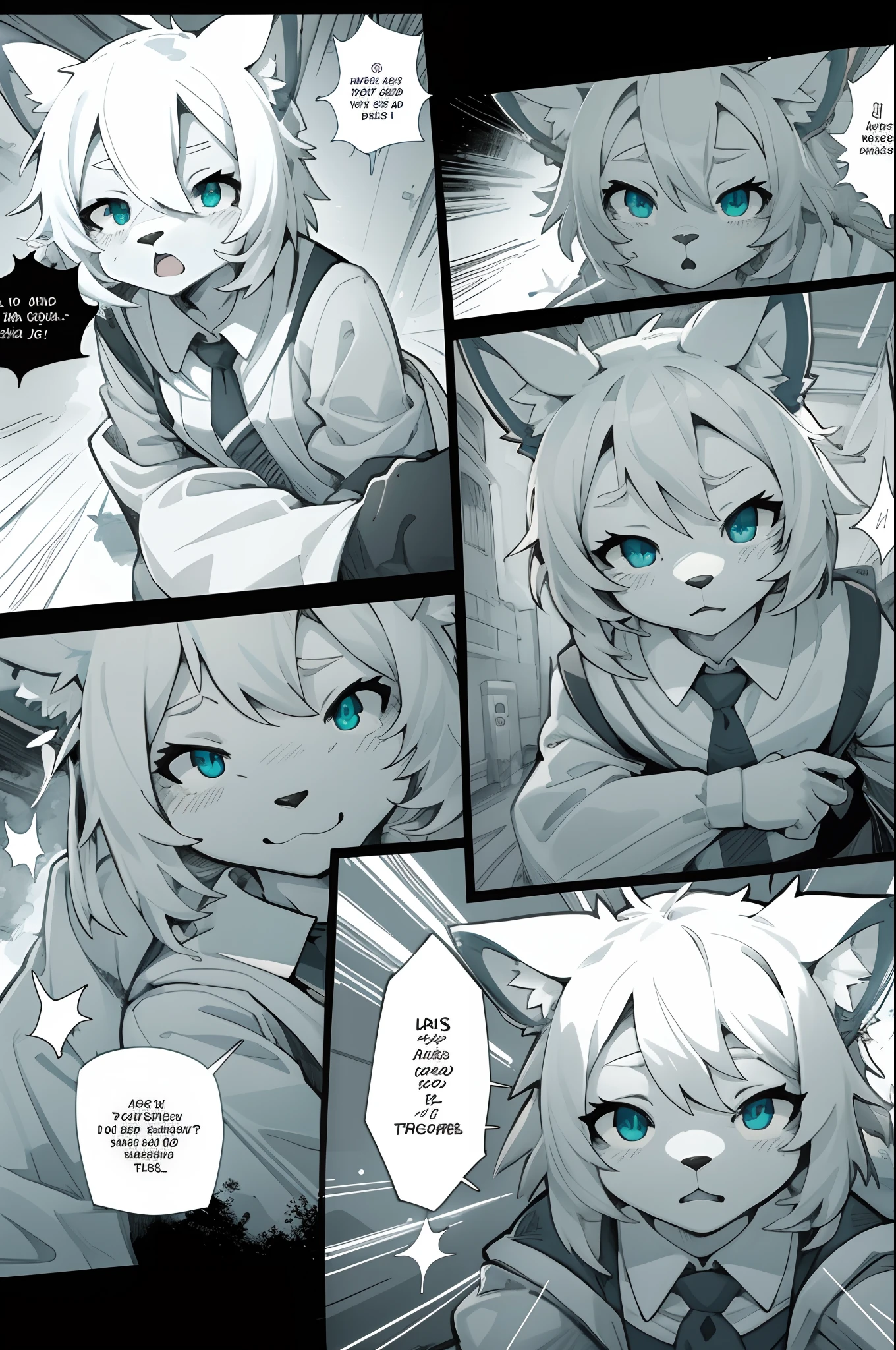 top quality, best quality, highres, masterpiece, super high resolution, detailed background, School, class, 6+boys, 6+girls, absurdres(highly detailed beautiful face and eyes)perfect anatomy, good lighting, cinematic shadow(kemono, furry anthro)assorted expressions, assorted poses, assorted angles, full body, upper shot, dynamic angle,(girls comic-like panel layouts, speech balloon, English text, Hand-drawn sound effects stickers used in girls comic),