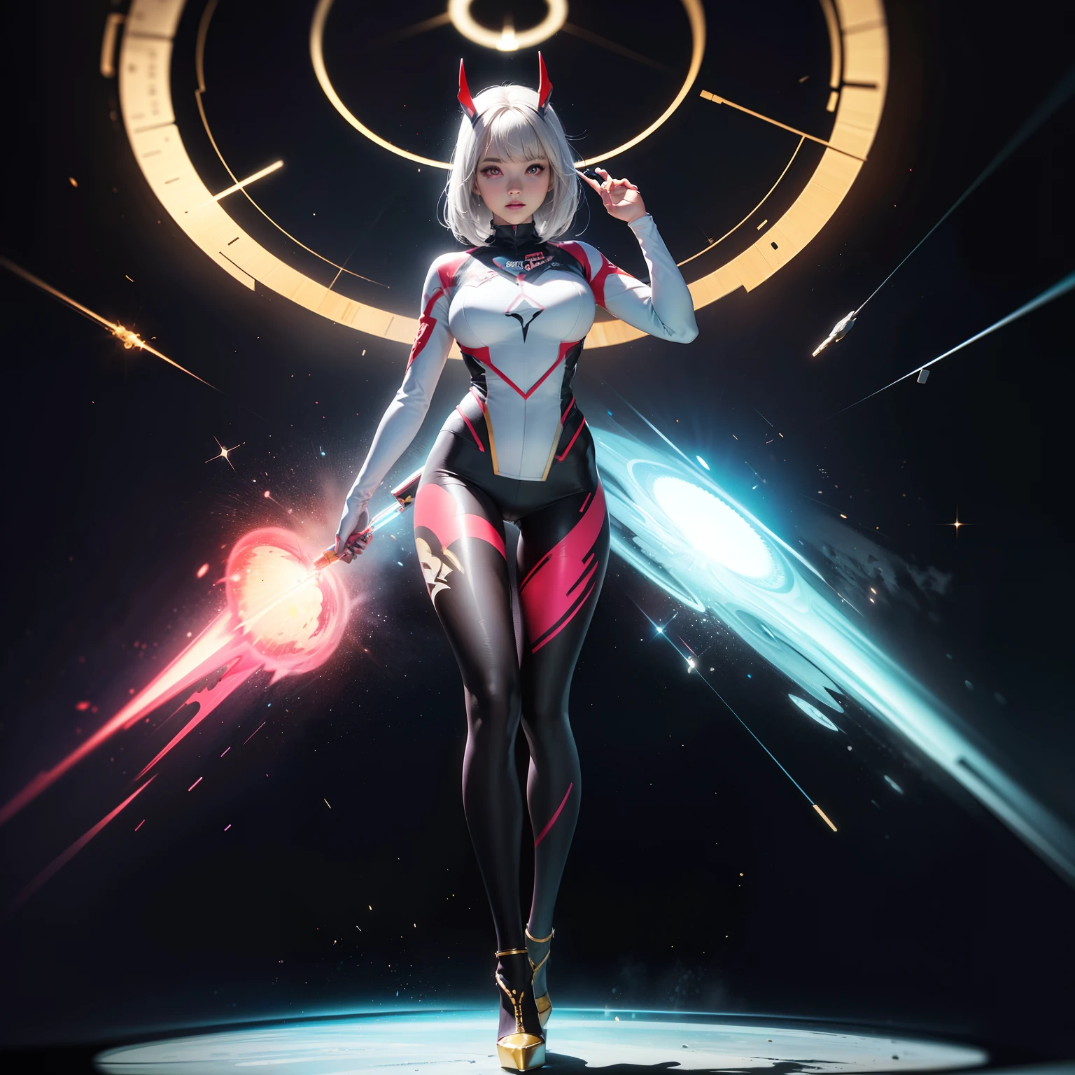 (full body:1.5),(1girl:1.3),(looking at viewer:1.4),(anatomy correct:1.3),(Wearing Printed Fantasy Ultraman tight and pointed high heels ,and Very thick Printed Pantyhose :1.35), (Light particle effect:1.3),(In pink | amarelo | blue colors| green color |red colors | white colors| black in color| purpleish color| greys| Beige| Flesh color 1.4),(Glowing eyes:1.3),(Large amplitude action: 1.3),(Accurate and perfect face:1.4),hyper HD, Ray traching, reflective light,structurally correct, Award-Awarded, high detal, lightand shade contrast, Face lighting,cinmatic lighting, tmasterpiece, super detailing, high high quality, high detal, best qualityer, 16k,high contrast,