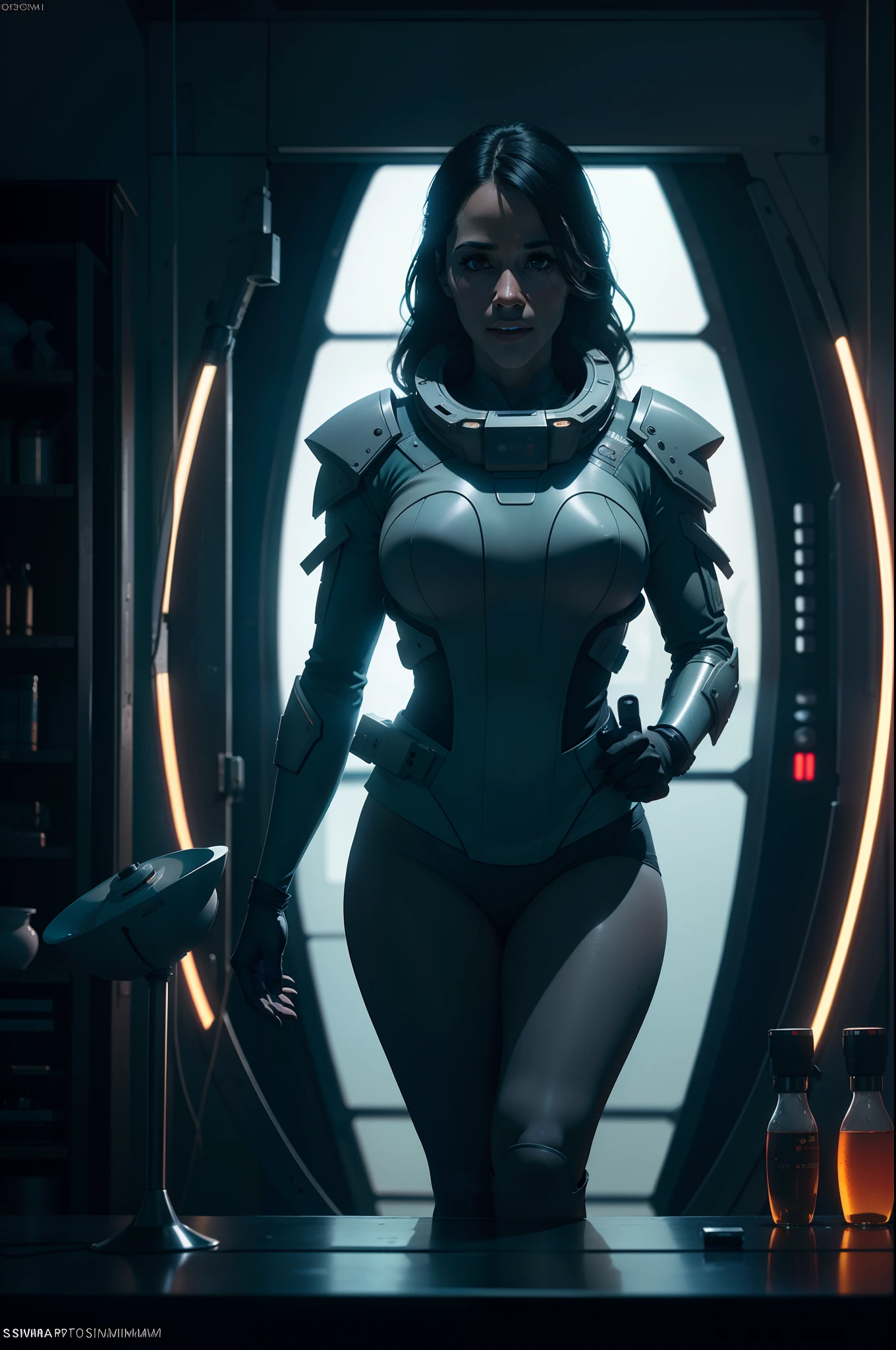 Hot terrified Sci fi Paula Patton as a sci fi scientist hiding on Ishimura Horror Space Ship photography, natural light, photorealism, cinematic rendering, ray tracing, the highest quality, the highest detail, Cinematic, Third-Person View, Blur Effect, Long Exposure, 8K, Ultra-HD, Natural Lighting, Moody Lighting, Cinematic Lighting