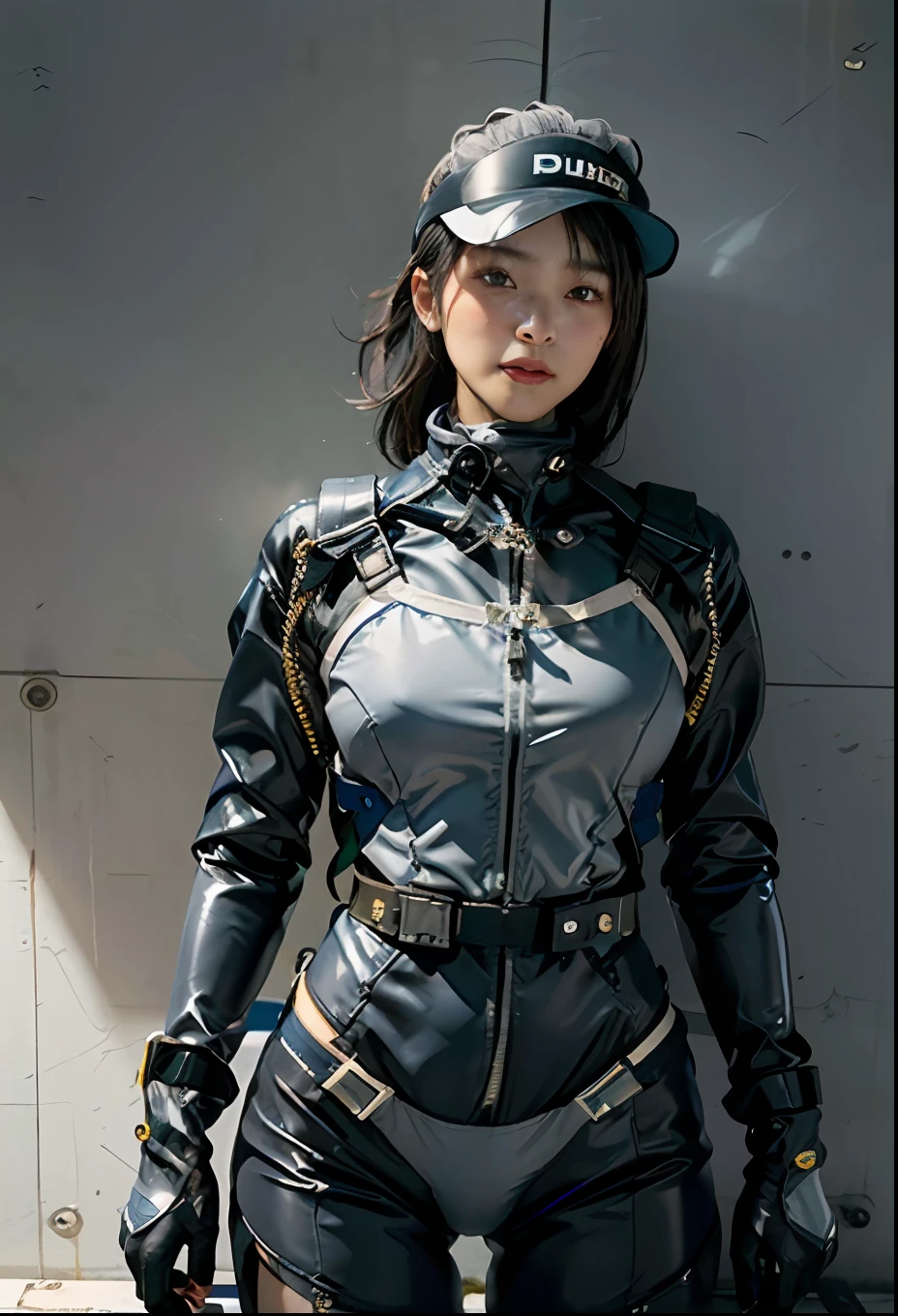 Highest image quality, outstanding details, ultra-high resolution, (realism: 1.4), the best illustration, favor details, highly condensed 1beautiful girl, with a delicate and beautiful face, ((cowboy shot)), (wearing nylon racing suit likes police uniform, black and gray mecha, wearing a high-tech visor, military harness, having Electrical Discharging Staff), simple background grey