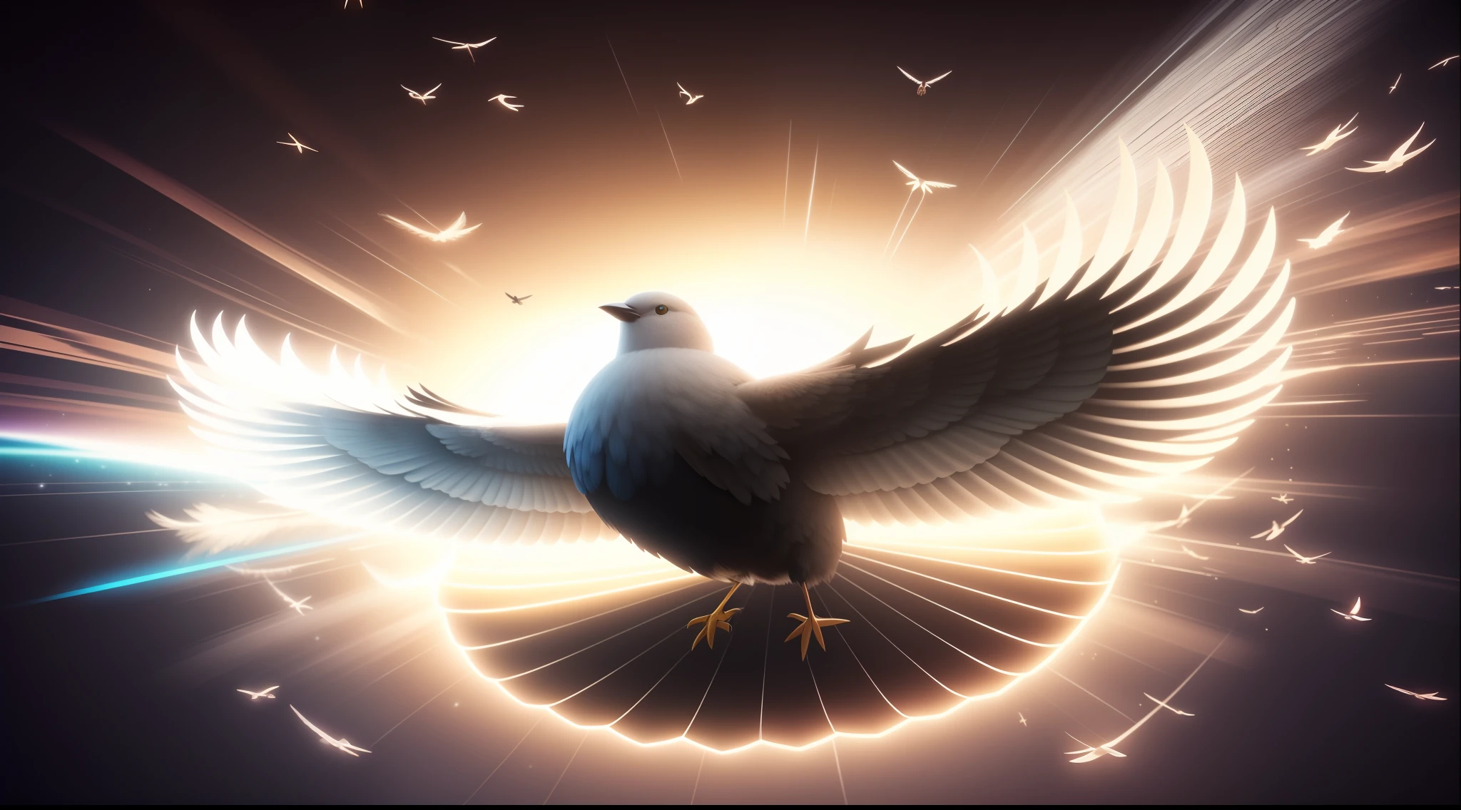 A closeup of a bird flying through a dark sky, ophanim has bird wings, holy spirit, pombas voando no portal, pomba branca, majestosas asas de pomba grande, onde, simbolismo do renascimento, pombas, Directed by: Anna Füssli, birds flying away from explosion, amazing cgi, amazing octane render, Efeitos visuais impressionantes, amazingly epic visuals,