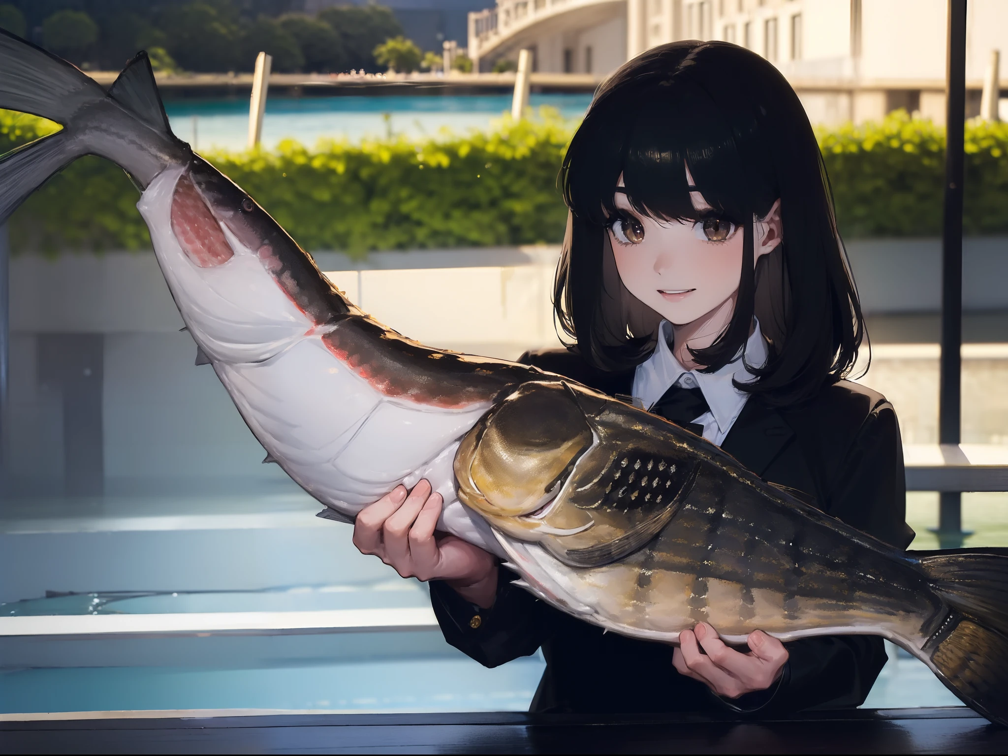 ((((Catch a big black bass by the lakeside:1.5)))),((1 Female 22 years old))((Best Quality, masterpiece :1.5)),(((Hands with the correct number and structure of fingers:1.4))),hight resolution,ultra-detailliert,masterpiece,best qualtiy,,Black hair, long eyeslashes, Solid Circle Eyes, Smiling Woman, drop shadow, Atmospheric perspective,Super Detail, ccurate, small brest,(Black jacket :1.1),top-quality, blurry backround, bokeh dof:1.2, (masterpiece:1.3), Atmospheric perspective,Super Detail,dynamic compositions