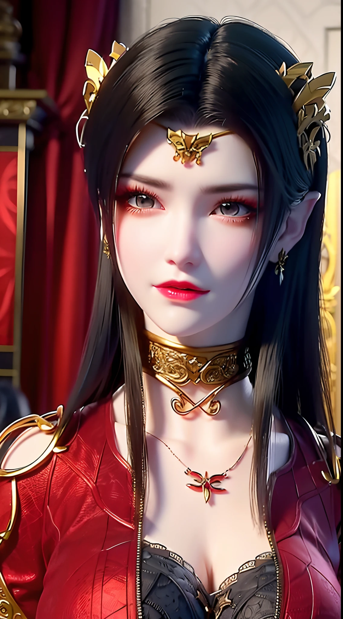 1 very beautiful queen medusha in hanfu dress, thin red silk shirt with many yellow motifs, black lace top, long hair dyed black, beautiful hair jewelry, pretty face pretty and cute, perfect face, earring jewelry, light purple rabbit ears, antique jewelry, big red eyes, sharp eye makeup, meticulous makeup eyelashes, thin eyebrows, nose tall, pretty red lips, no smile, pursed lips, rosy cheeks, wide breasts, big breasts, well-proportioned breasts, slim waist, red mesh stockings with black lace, Chinese hanfu style, fictional art patterns, colors vivid and realistic, RAW photos, realistic photos, ultra-high quality 8k surreal photos, cool photos, (virtual lighting effects: 1.8), 10x pixels, magic effects (background): 1.8), super detailed eyes, beautiful girl body portrait, girl alone, ancient hanfu background, looking directly at the audience, wide original photo, 8k quality, super sharp, detailed and clear picture best, detailed light background,