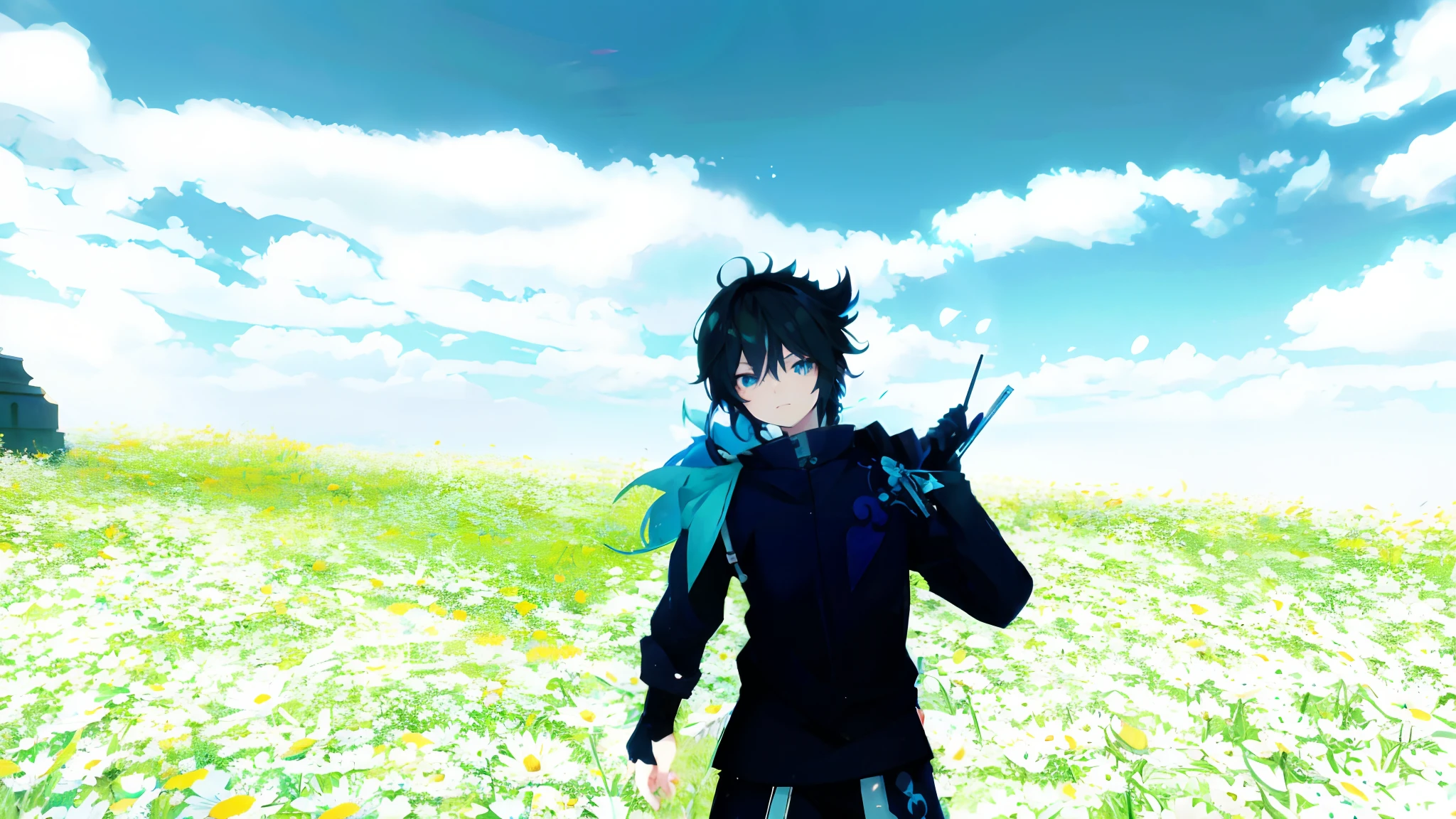 anime character in a field of daisies with a blue bird on his shoulder, inspired by Okumura Masanobu, anime style. 8k, anime styled 3d, inspired by Okumura Togyu, vrchat, kirito, anime stylized, trigger anime artstyle, okata kazuto, young shadow mage male, made with anime painter studio