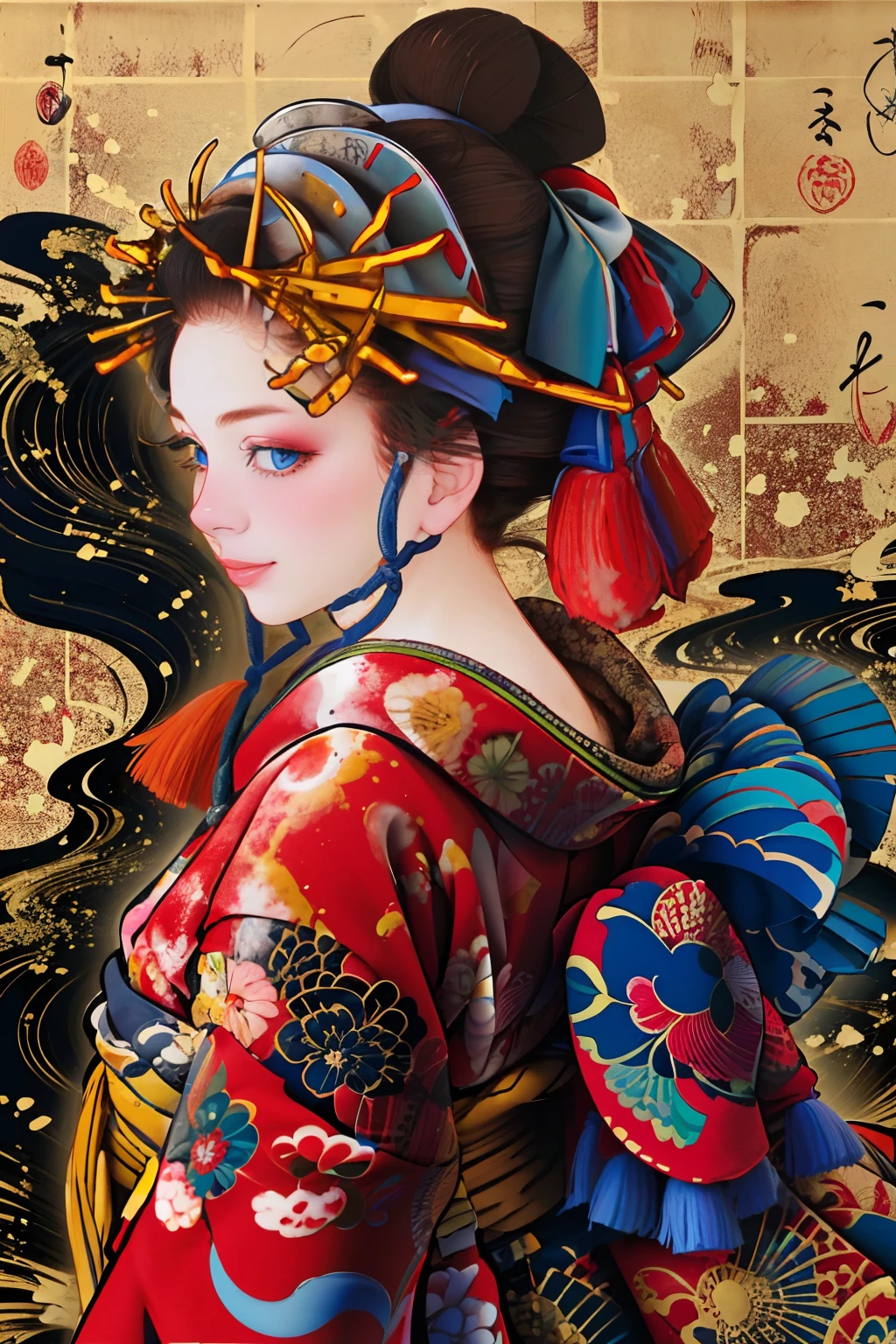 nsfw,
1girl, solo, looking at viewer, smile, blue eyes, black hair, hair ornament, upper body, japanese clothes, kimono, from side, lips, makeup, tassel, rope, eyeshadow, red kimono, shimenawa, kanzashi,