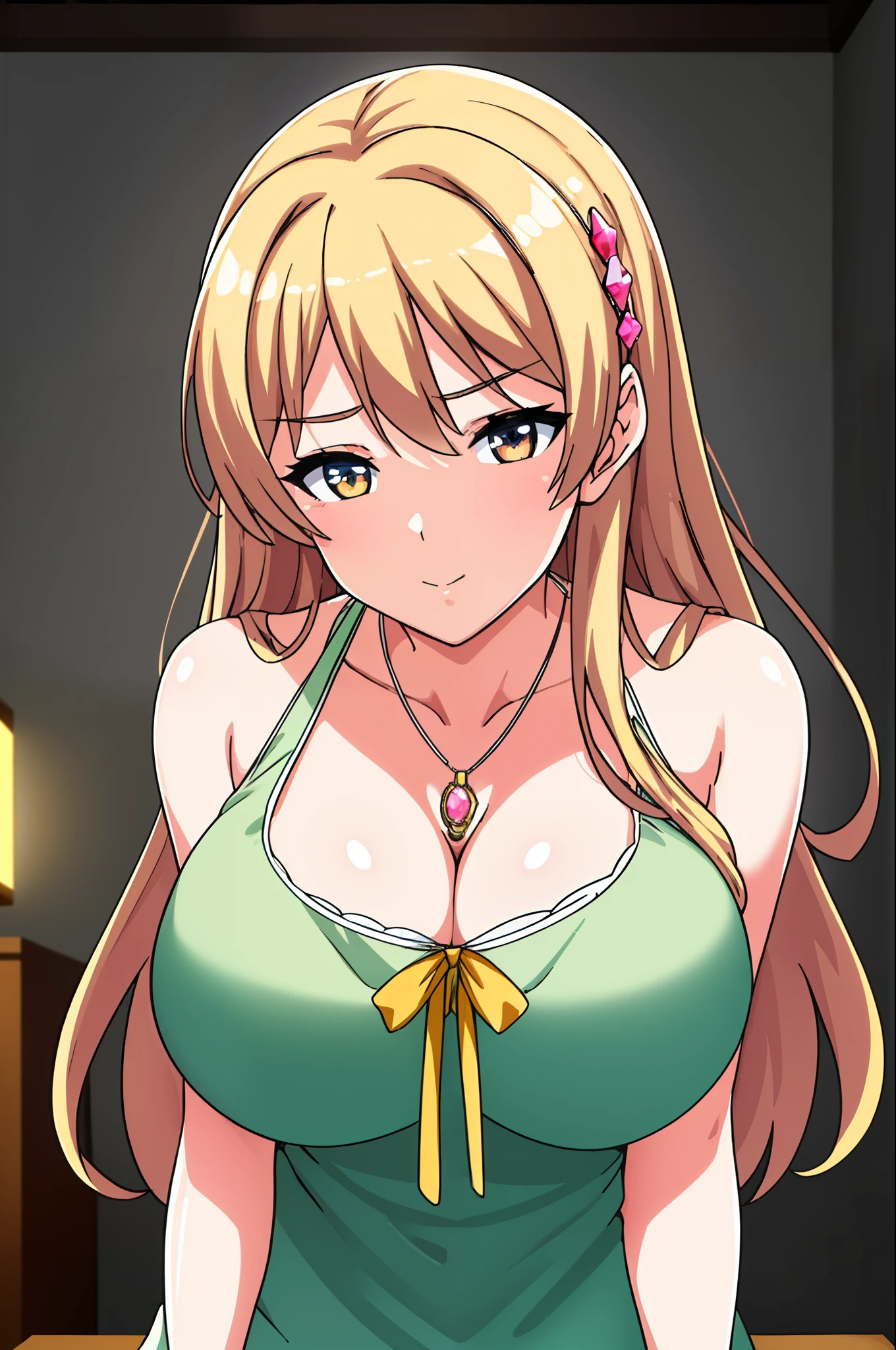 (Night:1.7), at a podium in a room with a tv on the wall and a desk with a laptop on it,
Standing at attention,
cleavage,sleeveless,green Long dress ,a yellow bow,
jewelry,necklace,gem,
bangs, blonde hair,long hair, hair ornament, hairclip,brown eyes,
1 girl, 20yo,Young female,Beautiful Finger,Beautiful long legs,Beautiful body,Beautiful Nose,Beautiful character design, perfect eyes, perfect face,expressive eyes,
looking at viewer, in the center of the image,(Upper_body),(Focus on her face),
official art,extremely detailed CG unity 8k wallpaper, perfect lighting,Colorful, Bright_Front_face_Lighting,shiny skin, 
(masterpiece:1.0),(best_quality:1.0), ultra high res,4K,ultra-detailed,
photography, 8K, HDR, highres, absurdres:1.2, Kodak portra 400, film grain, blurry background, bokeh:1.2, lens flare, (vibrant_color:1.2)
(Beautiful,large_Breasts:1.4), (beautiful_face:1.5),(narrow_waist),