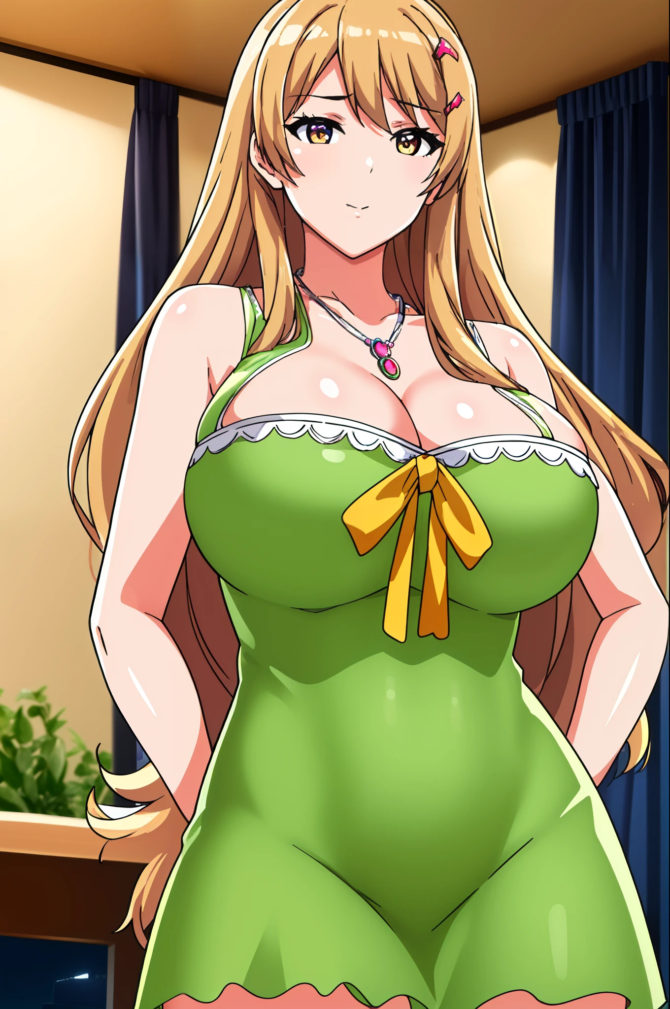 (Night:1.7), at a podium in a room with a tv on the wall and a desk with a laptop on it,
Standing at attention,
cleavage,sleeveless,green Long dress ,a yellow bow,
jewelry,necklace,gem,
bangs, blonde hair,long hair, hair ornament, hairclip,brown eyes,
1 girl, 20yo,Young female,Beautiful Finger,Beautiful long legs,Beautiful body,Beautiful Nose,Beautiful character design, perfect eyes, perfect face,expressive eyes,
looking at viewer, in the center of the image,(Upper_body),(Focus on her face),
official art,extremely detailed CG unity 8k wallpaper, perfect lighting,Colorful, Bright_Front_face_Lighting,shiny skin,
(masterpiece:1.0),(best_quality:1.0), ultra high res,4K,ultra-detailed,
photography, 8K, HDR, highres, absurdres:1.2, Kodak portra 400, film grain, blurry background, bokeh:1.2, lens flare, (vibrant_color:1.2)
(Beautiful,large_Breasts:1.4), (beautiful_face:1.5),(narrow_waist),